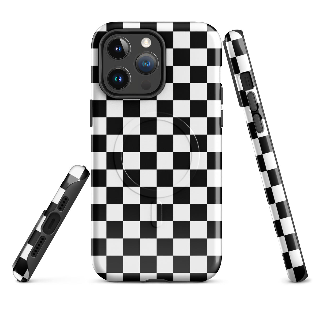Magnetic Phone Case for iPhone with bold black-and-white checkered pattern, showcasing style and protection for your device.