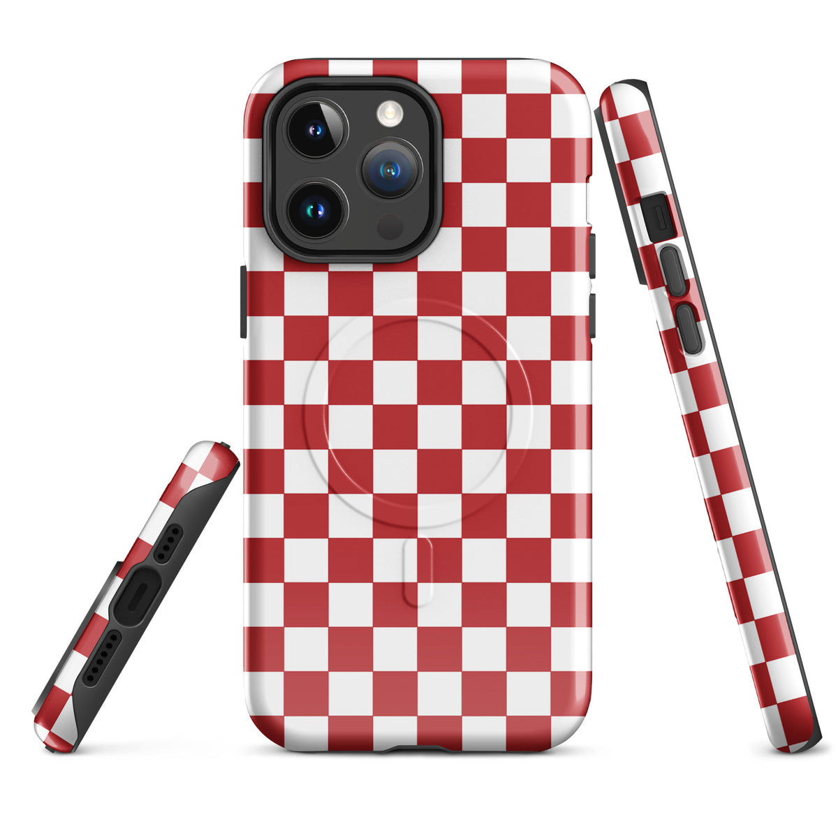 Magnetic Phone Case with crimson red checkered design for iPhone, stylish and fun protective cover.