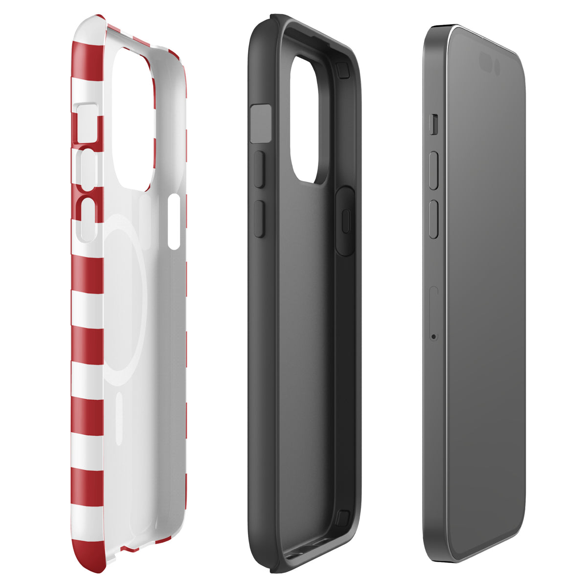 Magnetic Phone Case for iPhone in crimson red checkered design displayed in three angles