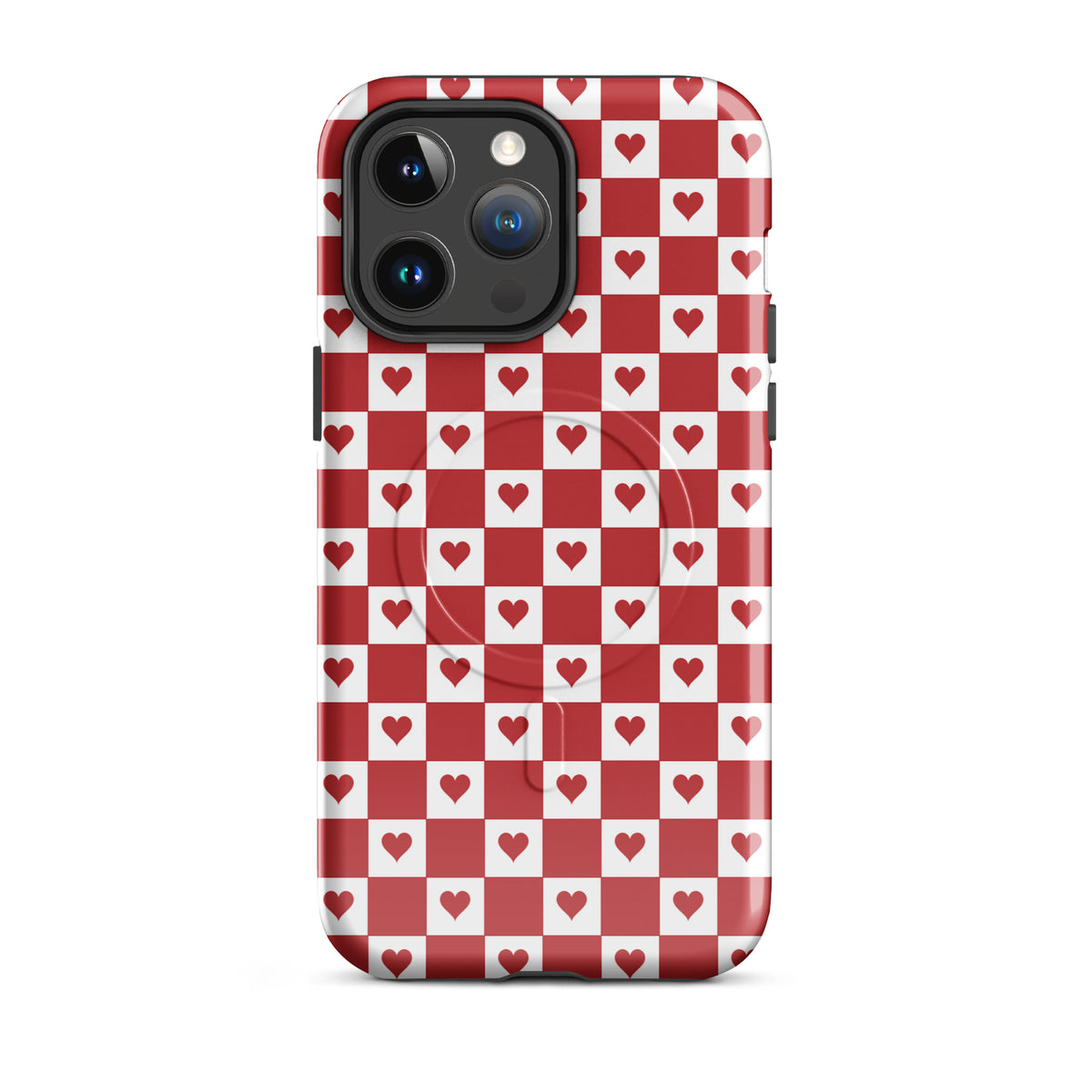 Magnetic Phone Case for iPhone with cute red heart checkered design featuring crimson hearts in red and white squares.