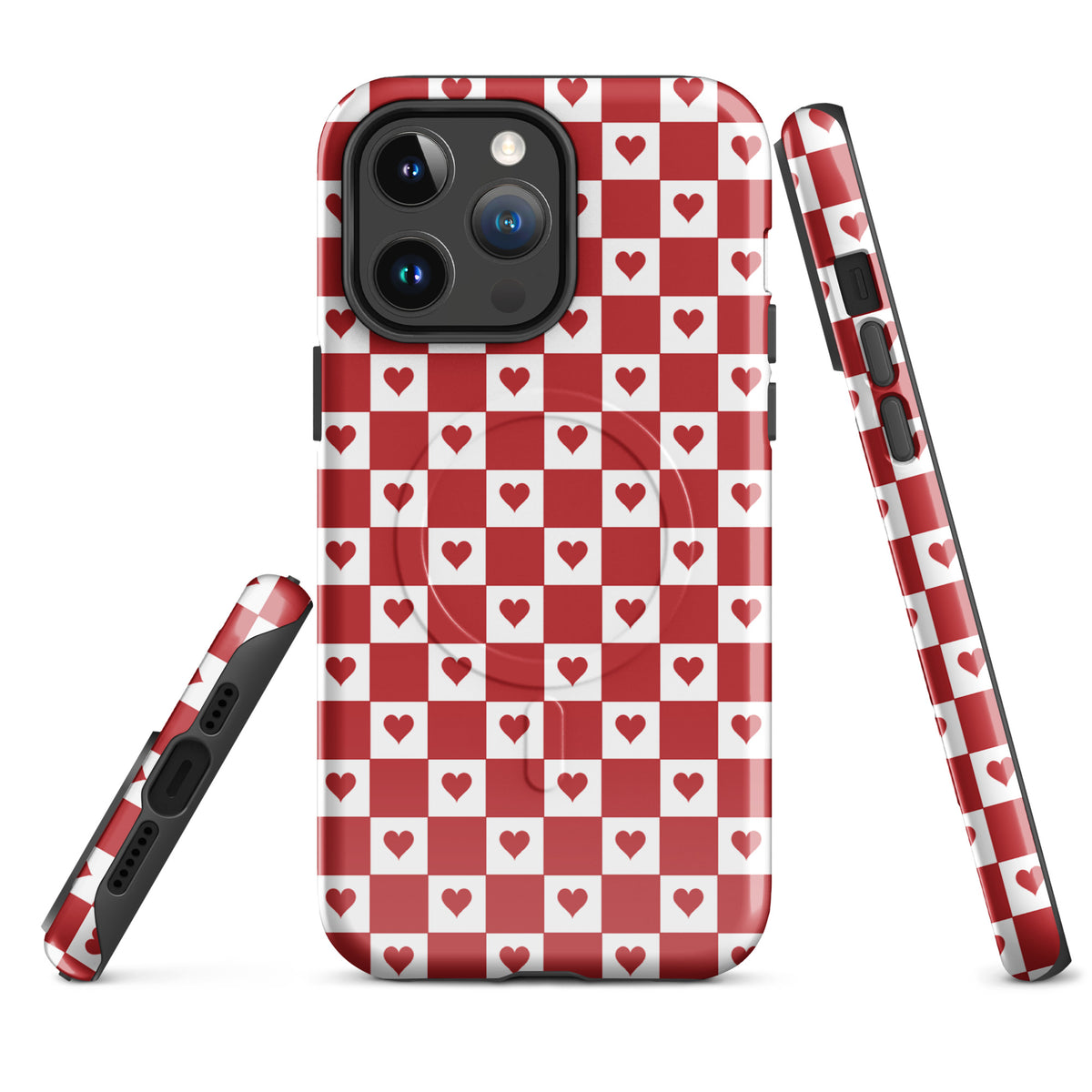 Magnetic Phone Case for iPhone with cute red heart checkered design, adds charm to your style with crimson hearts on red and white squares.