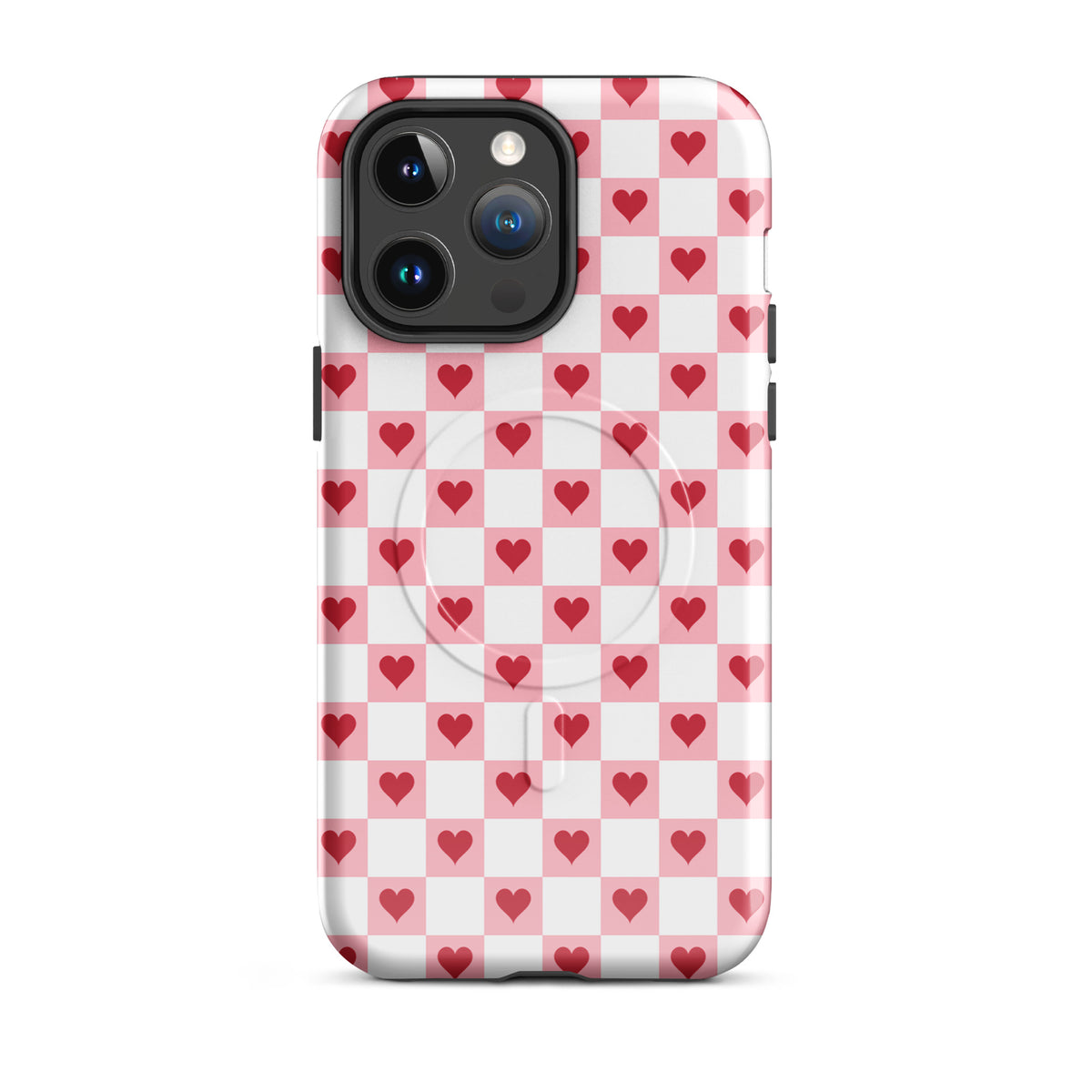 Magnetic Phone Case for iPhone with pink-and-white checkered design and red hearts pattern.