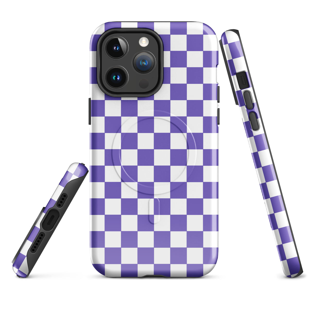 Purple and white checkered Magnetic Phone Case for iPhone, stylish and bold design for fashion-forward users.
