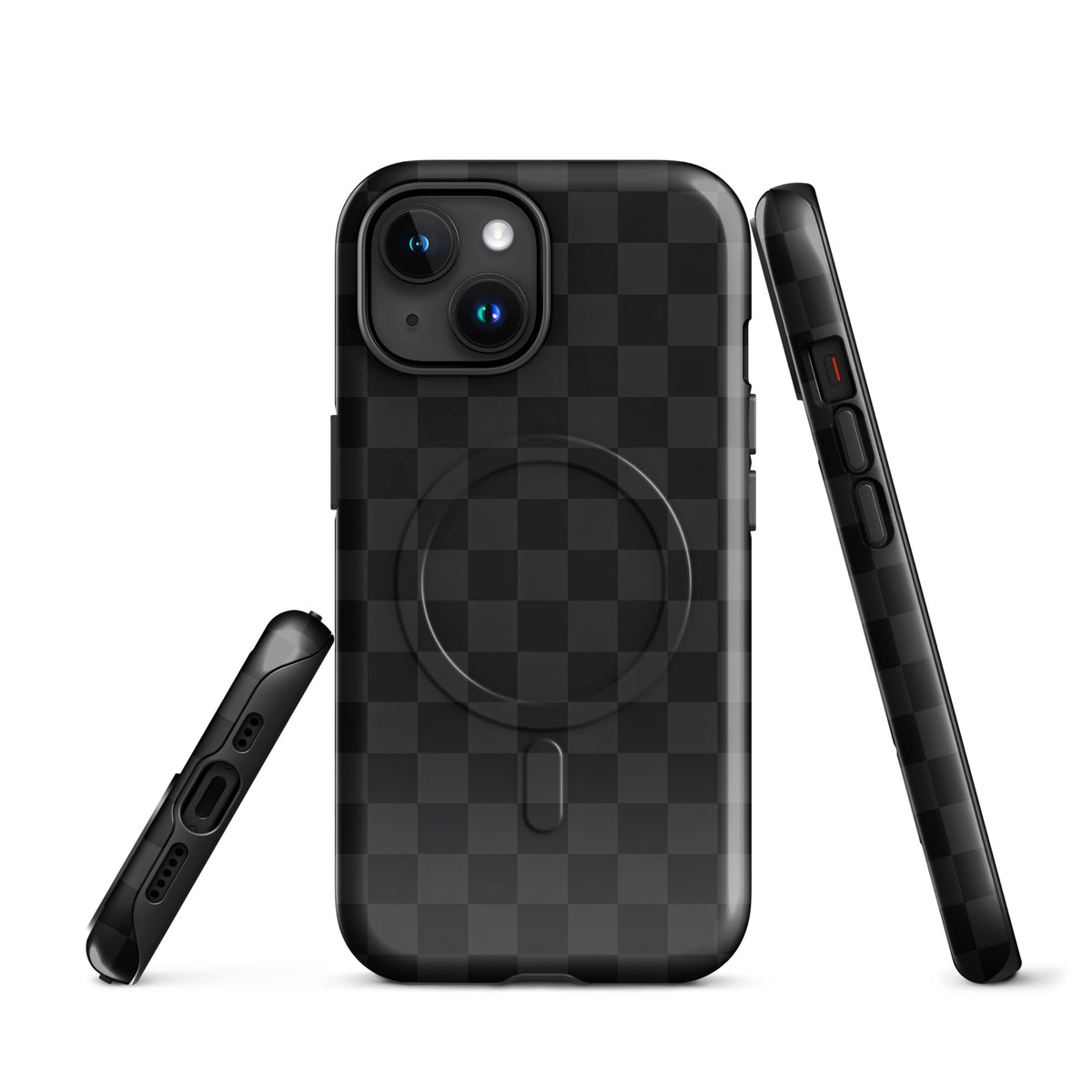 Magnetic Phone Case with black and charcoal checkered design for iPhone, showcasing sleek modern style and device protection.