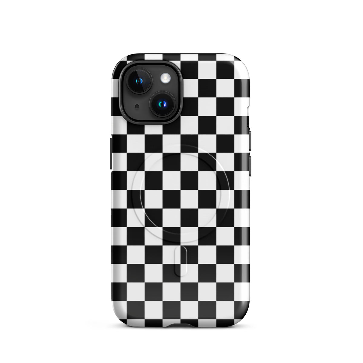Magnetic Phone Case for iPhone with bold checkered pattern, black-and-white design offering a playful, fearless style.