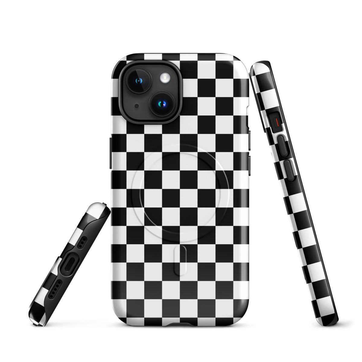 Magnetic Phone Case for iPhone with bold black-and-white checkered pattern, offering a stylish and playful racing design.