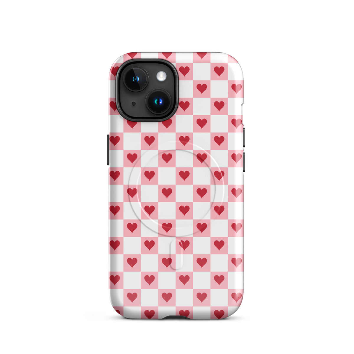 Magnetic Phone Case for iPhone with pink-and-white checkered pattern and red hearts design.