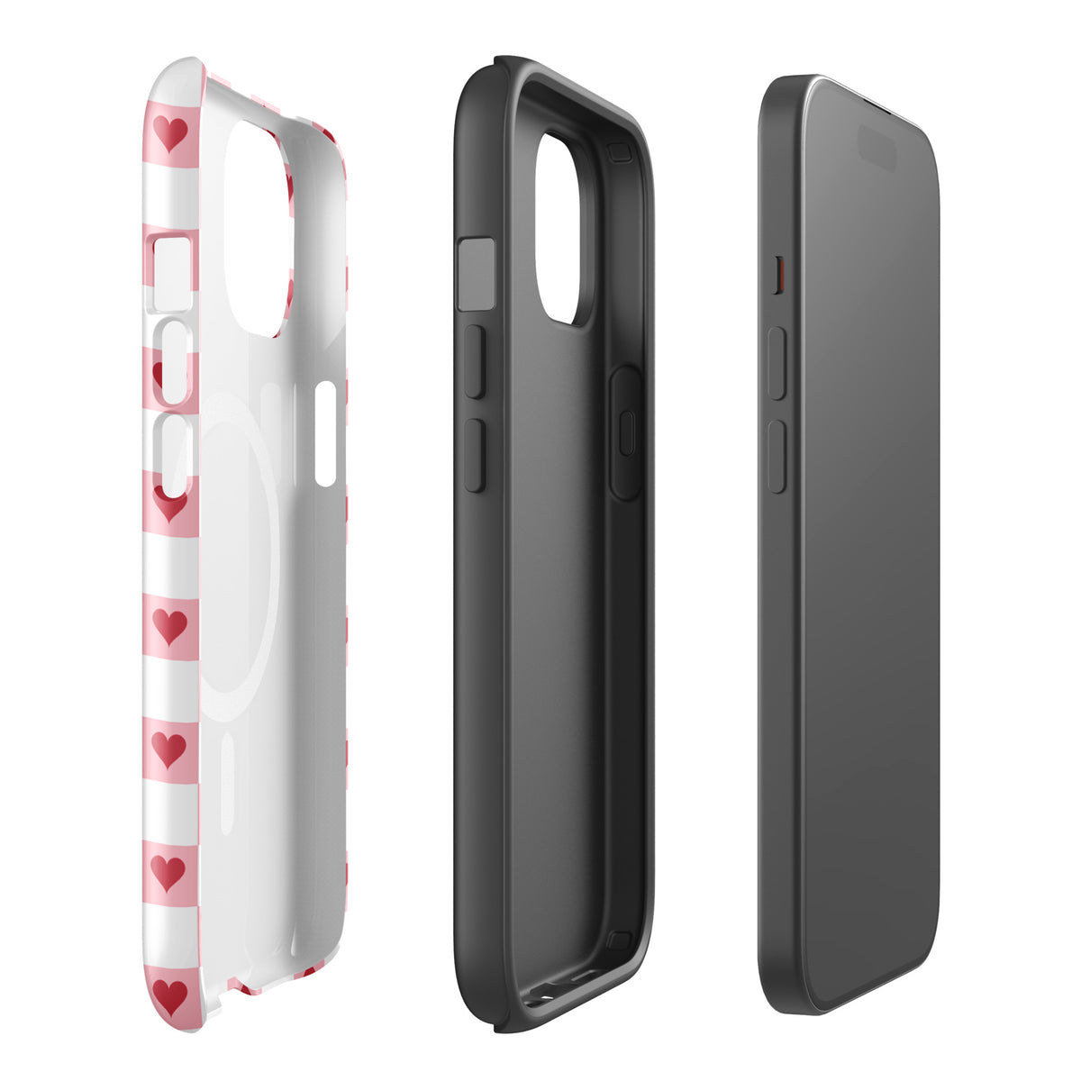 Magnetic Phone Case for iPhone with pink and white checkered design and red hearts, showcasing its multi-angle view.