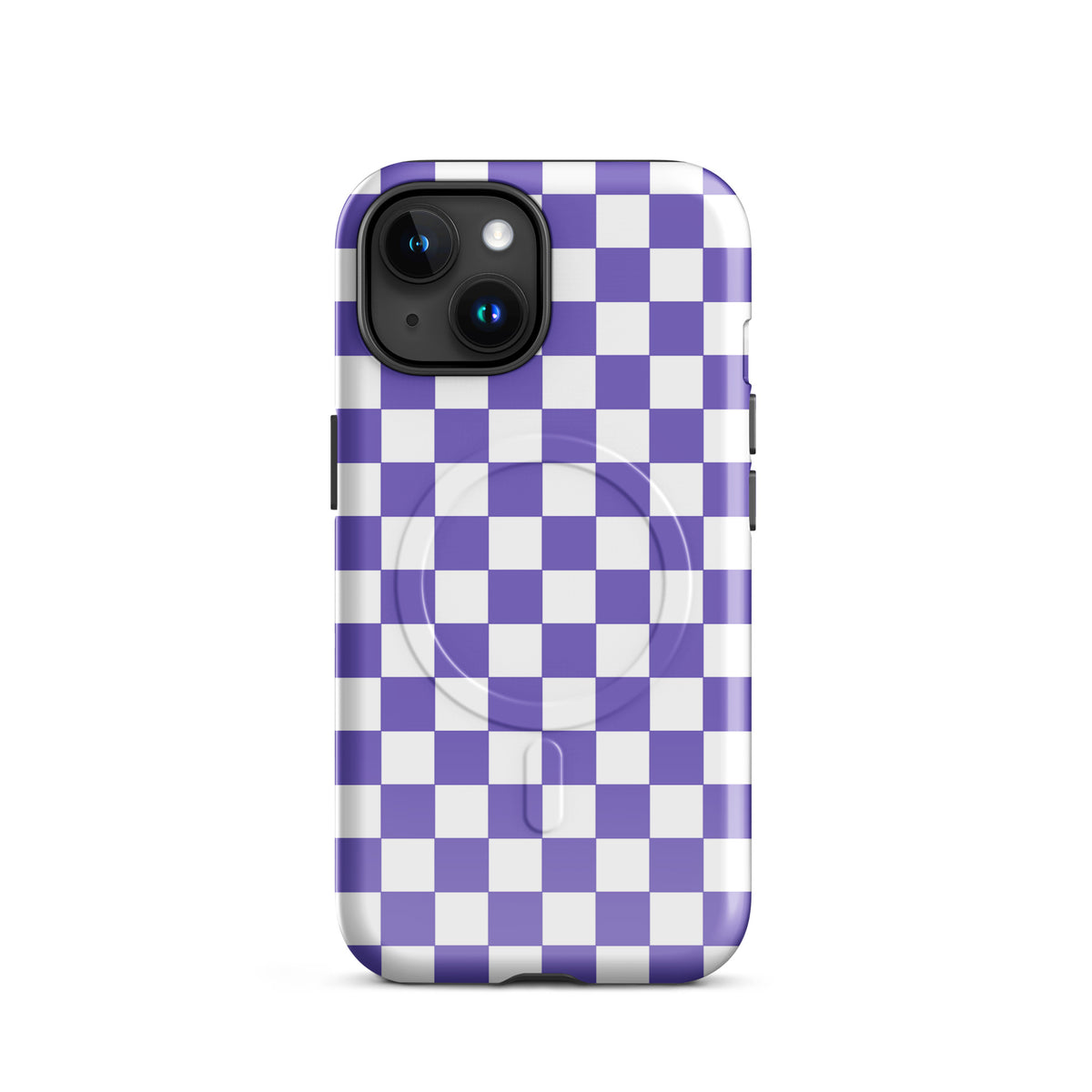 Purple and white checkered magnetic phone case for iPhone showcasing a bold and playful design.