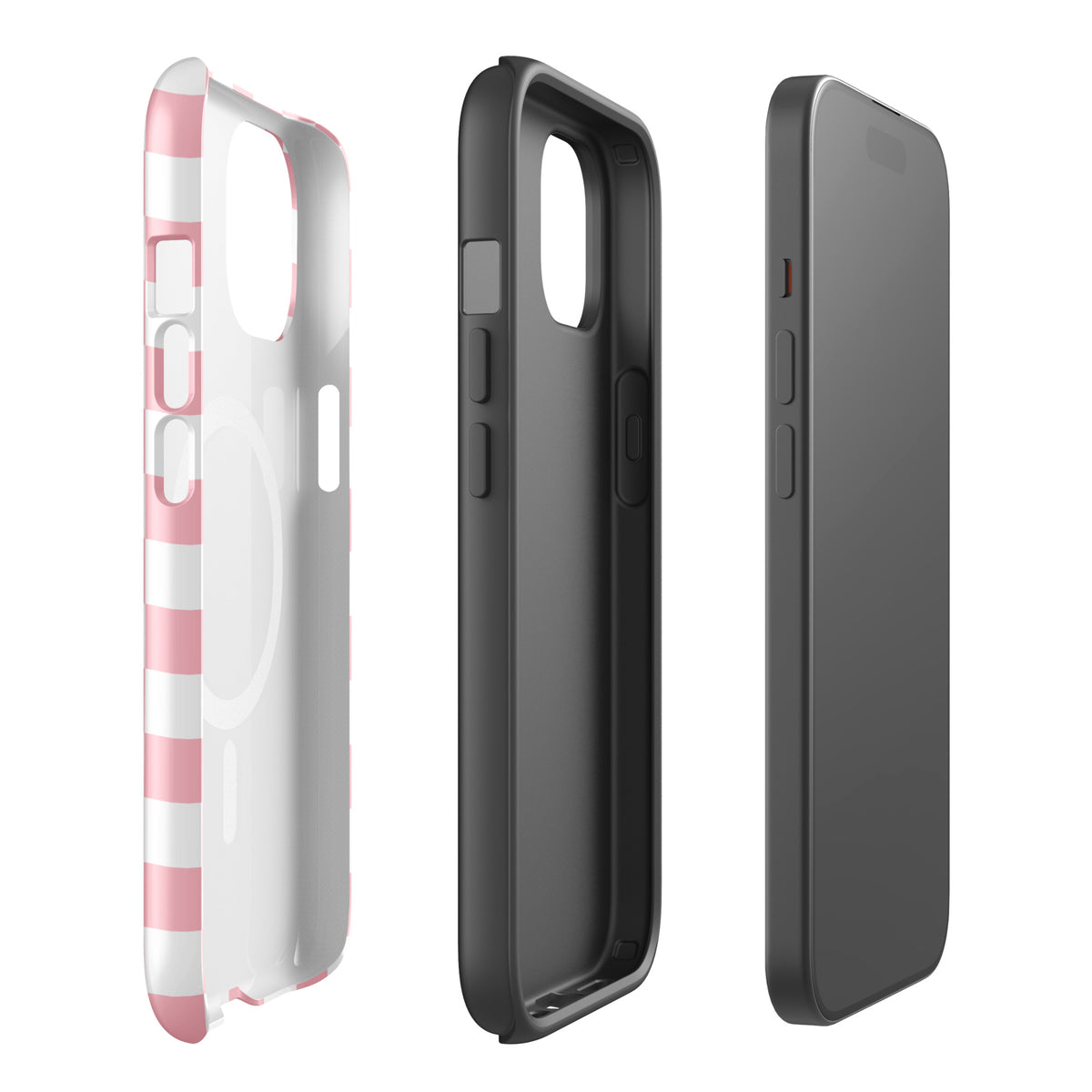 Magnetic Phone Case for iPhone in playful pink and white checkered design, showcasing front, back, and side views of the case.