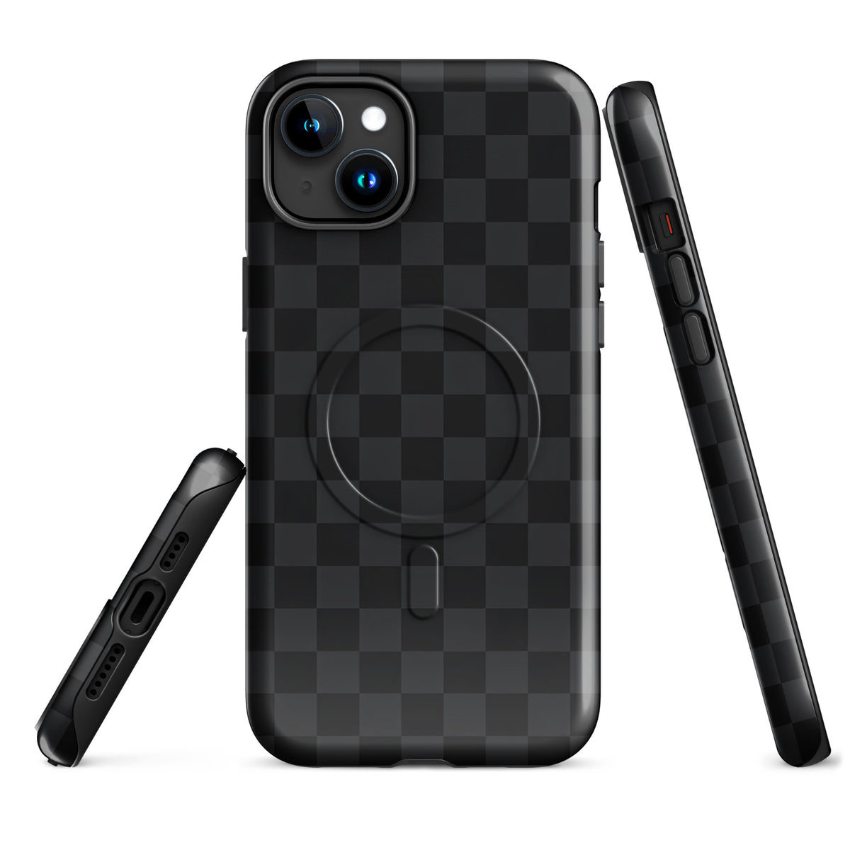 Magnetic Phone Case for iPhone with black and charcoal checkered design, showcasing a sleek, modern appearance.