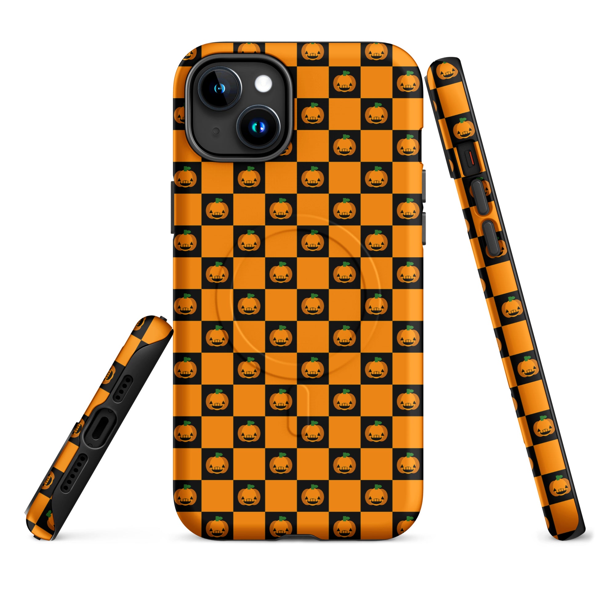 Magnetic Phone Case with pumpkin checkered Halloween design for iPhone, featuring cheerful jack-o’-lanterns and vibrant orange and black squares.