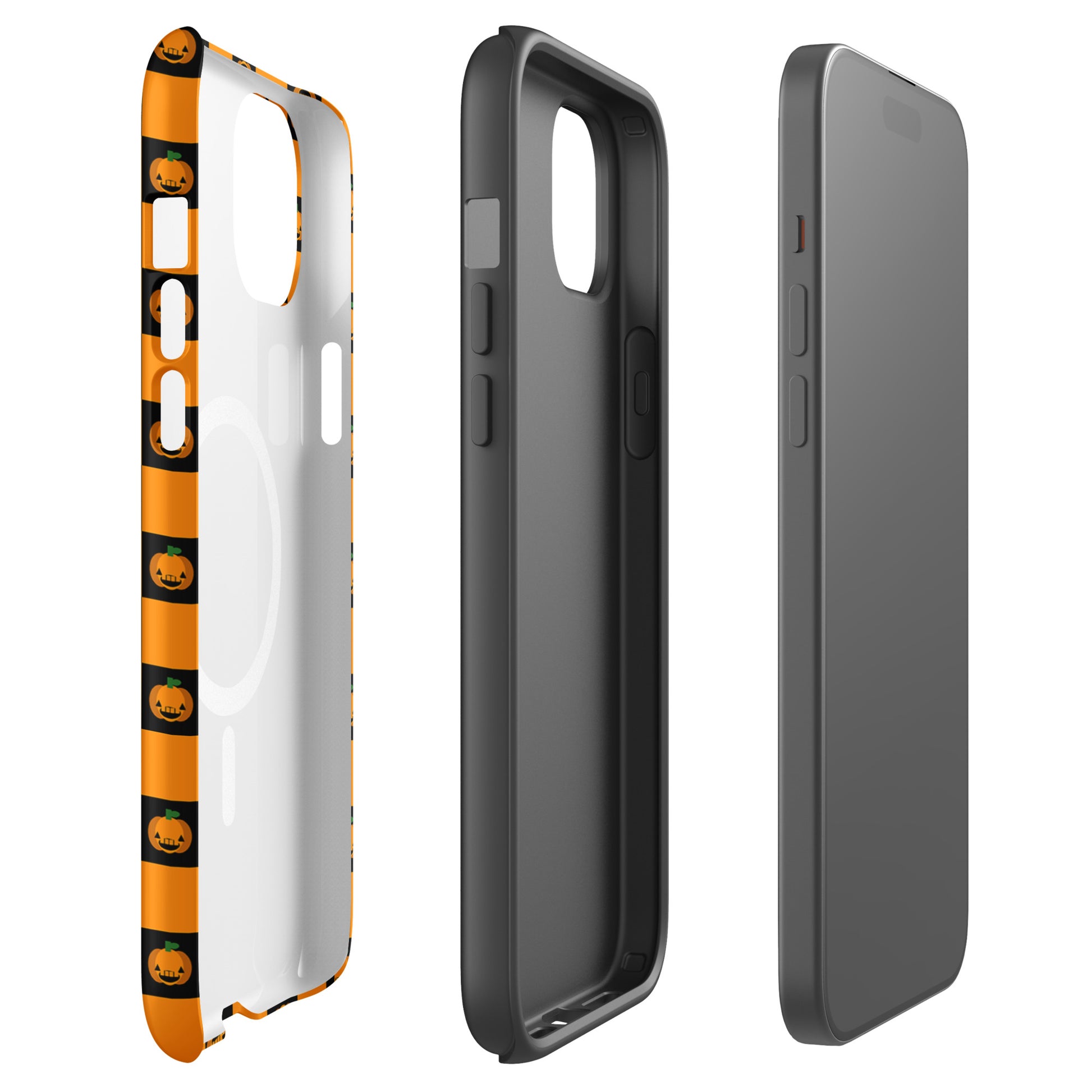 Magnetic Phone Case for iPhone with pumpkin checkered Halloween design in orange and black squares featuring jack-o’-lanterns.