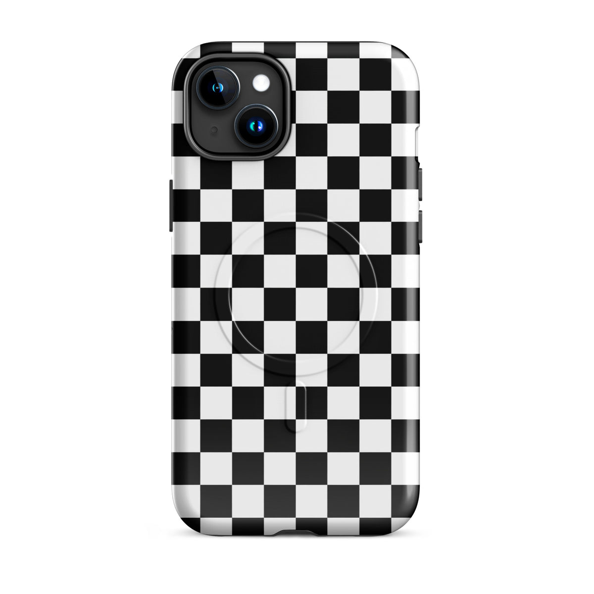 Magnetic Phone Case for iPhone with bold black-and-white checkered pattern, fun and playful racing style.
