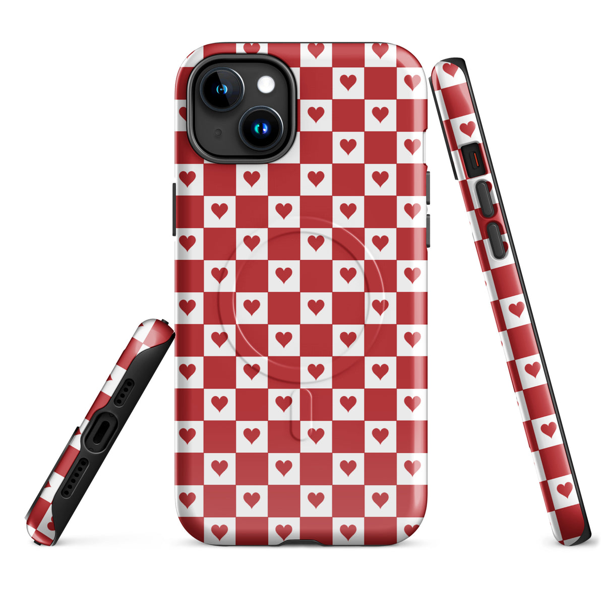 Magnetic Phone Case for iPhone with cute red heart checkered design, featuring tiny crimson hearts for a charming and modern look.
