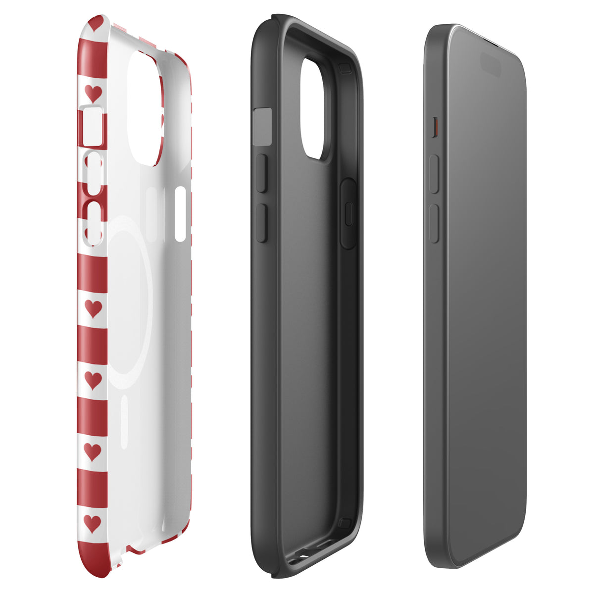Magnetic Phone Case for iPhone with red heart checkered design, showing front, back, and side views.