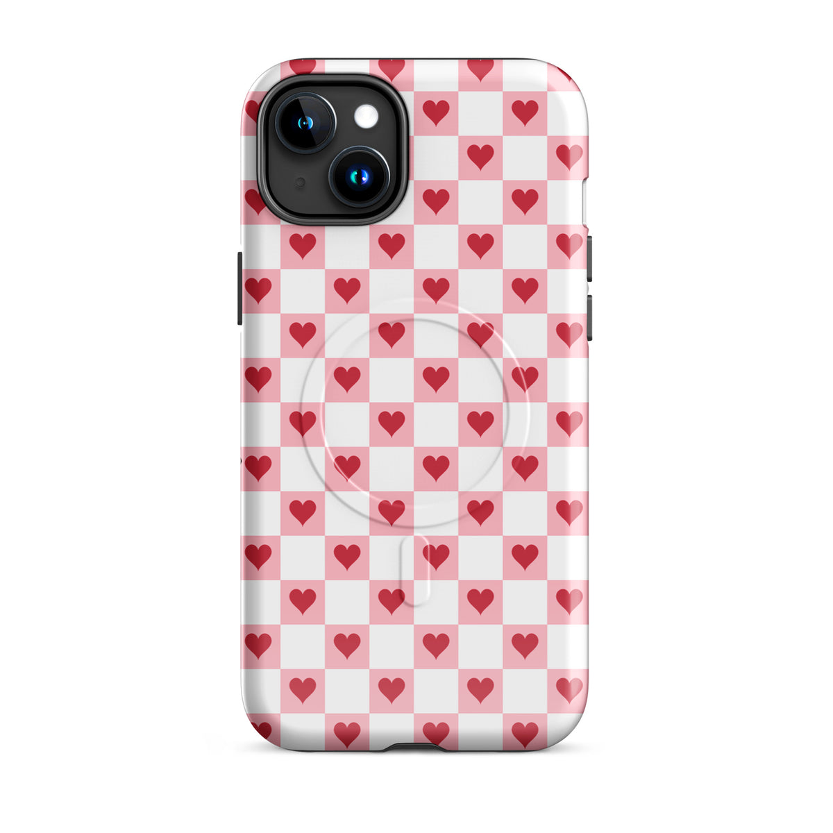 Magnetic Phone Case for iPhone in pink-and-white with red hearts checkered design, featuring charming and playful crimson heart patterns.
