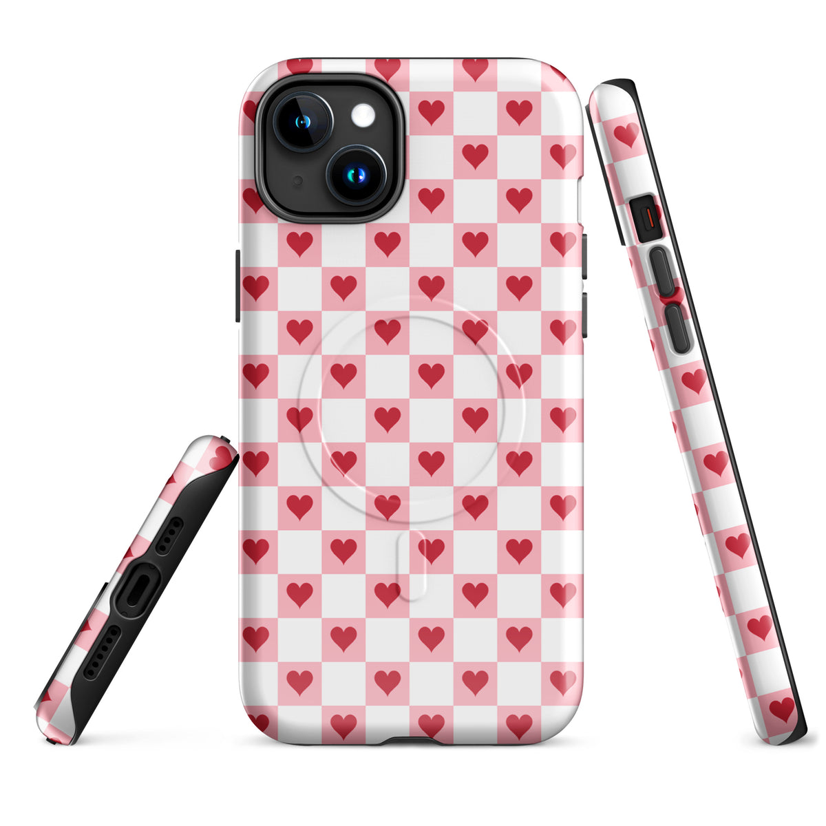 Magnetic Phone Case for iPhone in pink-and-white with red hearts checkered design, charming and modern, perfect for everyday use.