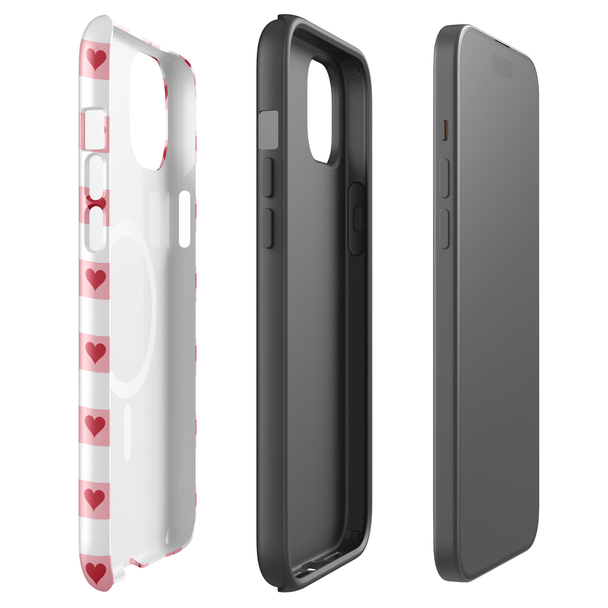Magnetic Phone Case for iPhone in pink-and-white checkered pattern with red hearts, shown in three views.