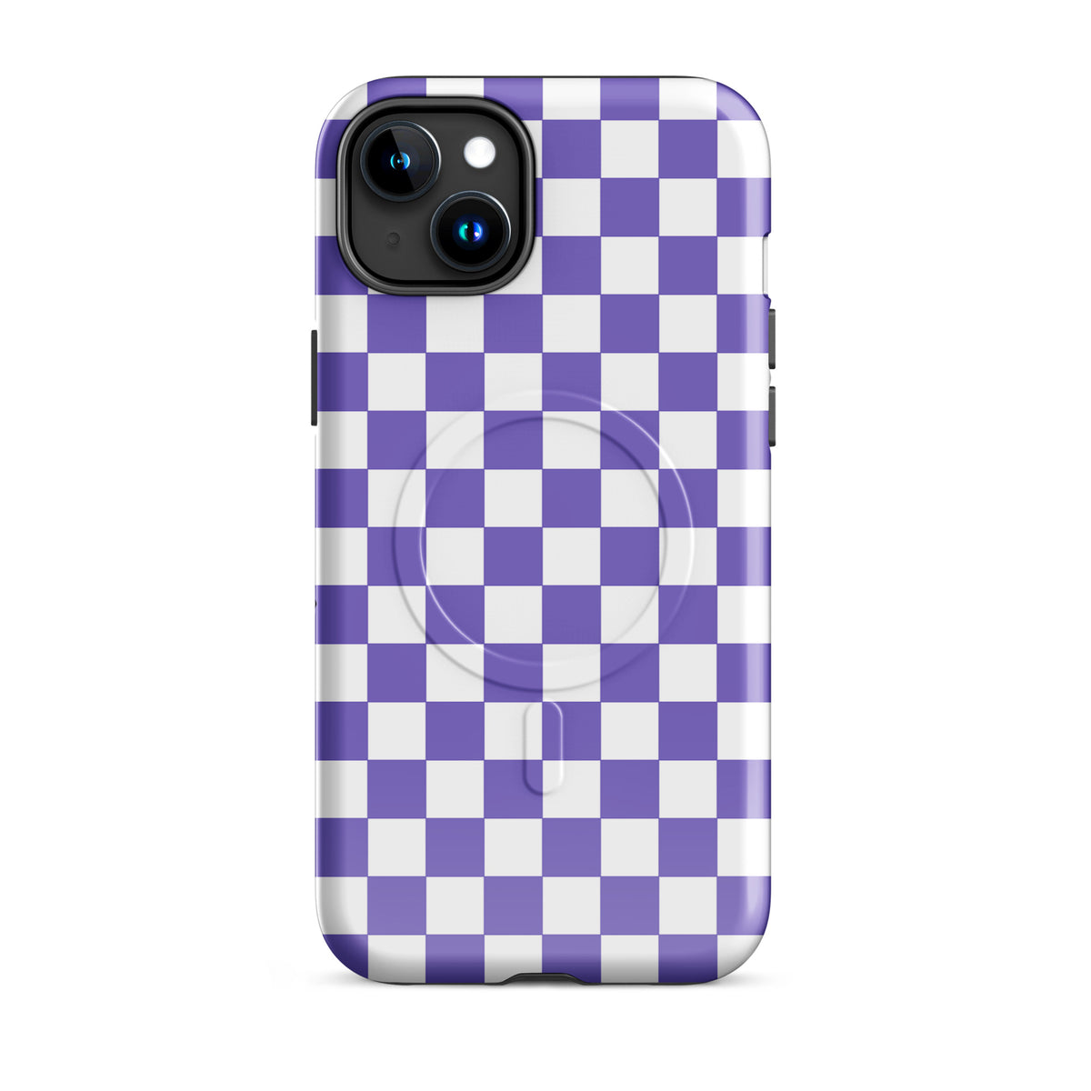 Magnetic Phone Case for iPhone with purple and white checkered design, adding playful style and personality to your device.