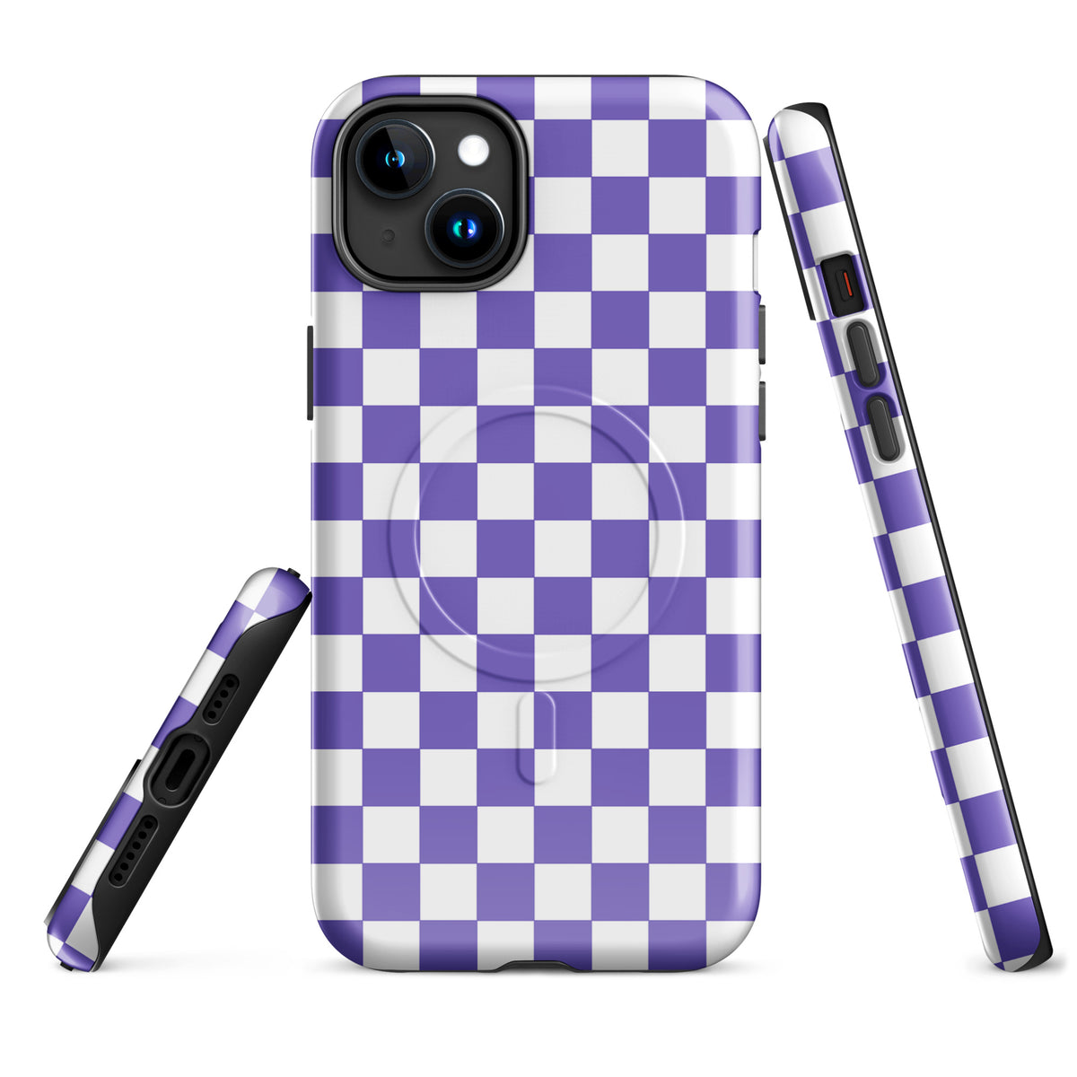 Magnetic Phone Case for iPhone in purple and white checkered design showcasing style and personality.