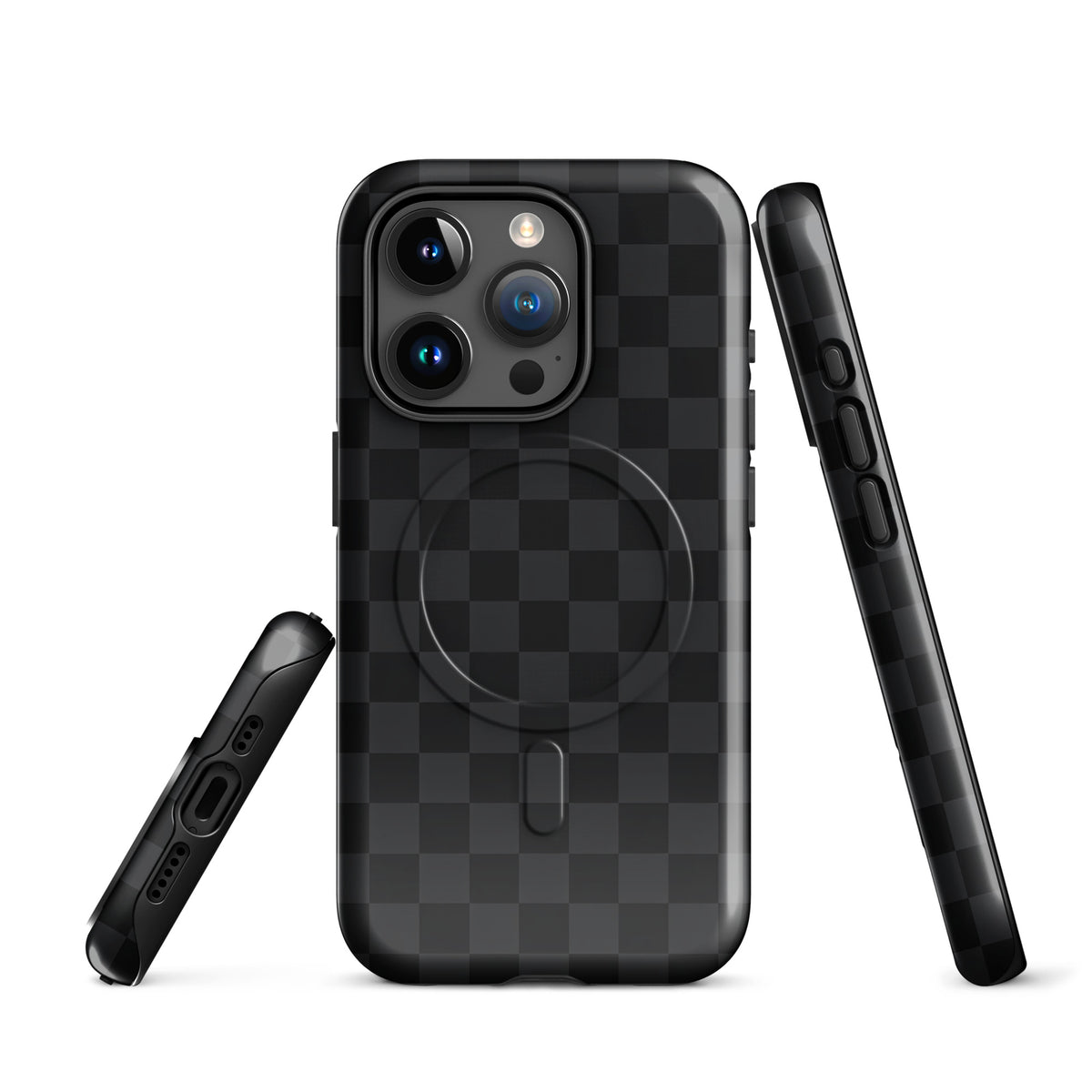 Magnetic Phone Case with black and charcoal checkered design for iPhone, showcasing sleek and modern protection.