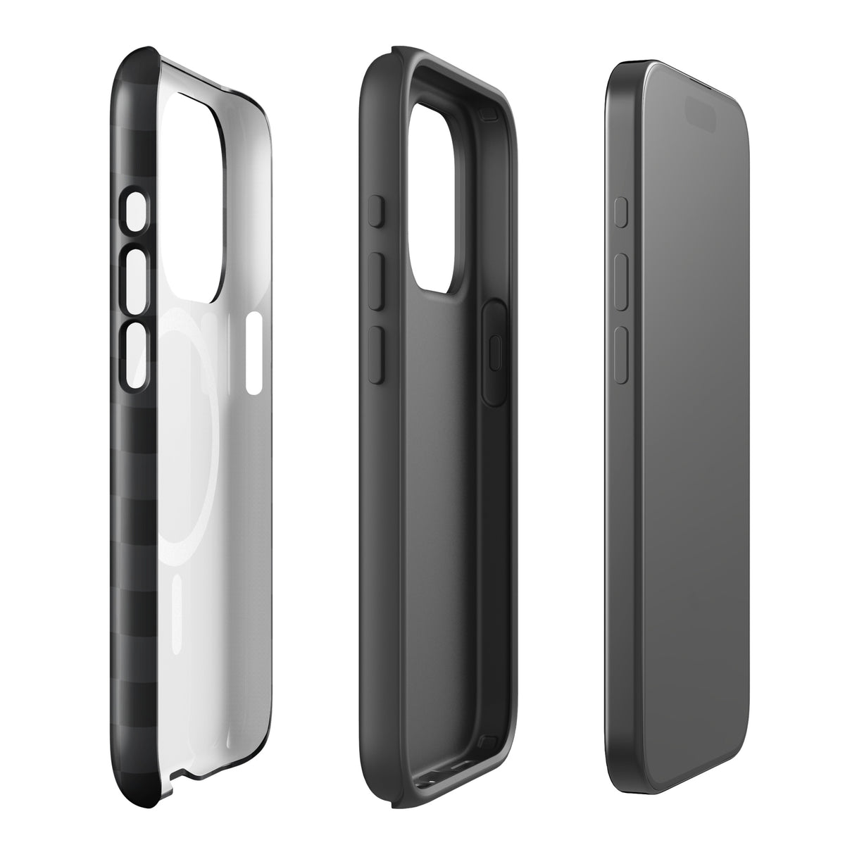Magnetic Phone Case for iPhone with black and charcoal checkered design, showcasing side and back views, sleek and protective.