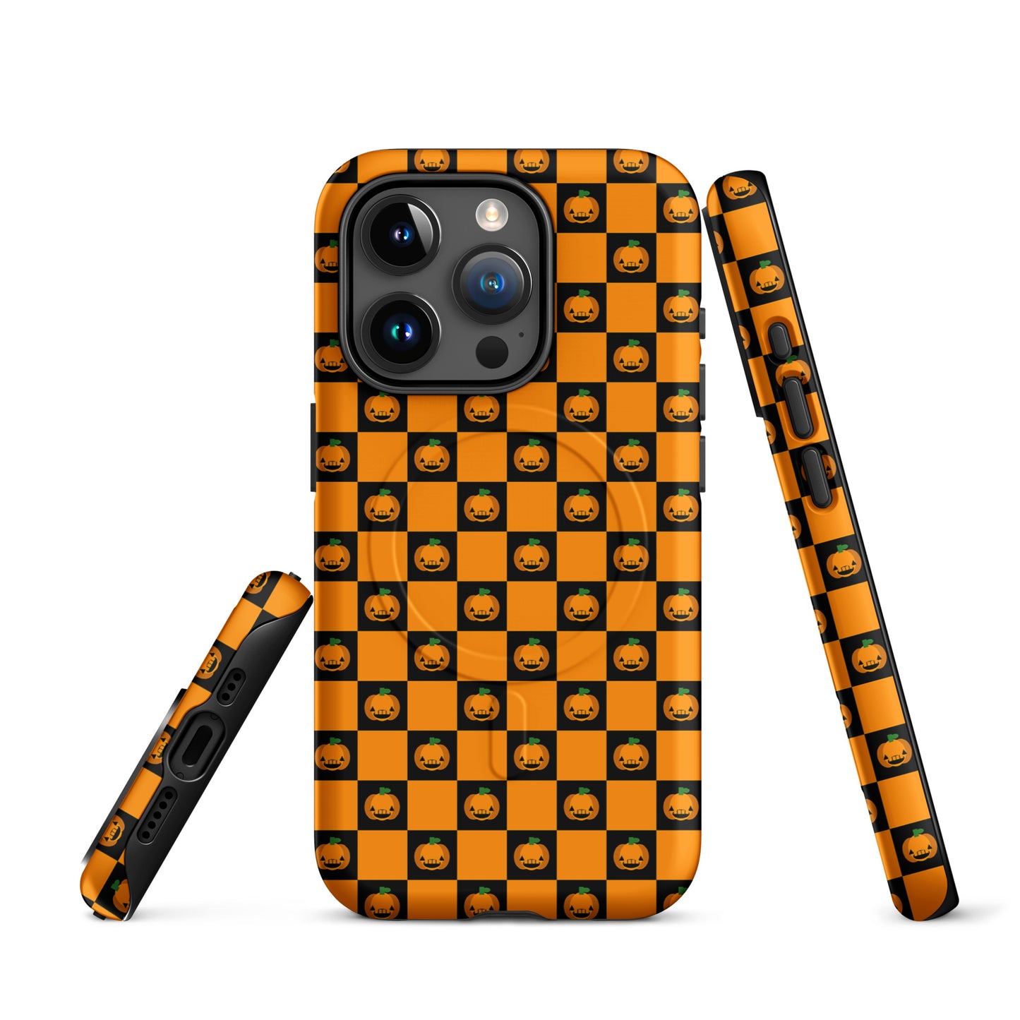 Magnetic Phone Case with pumpkin checkered Halloween design for iPhone, featuring orange and black squares with jack-o’-lanterns.