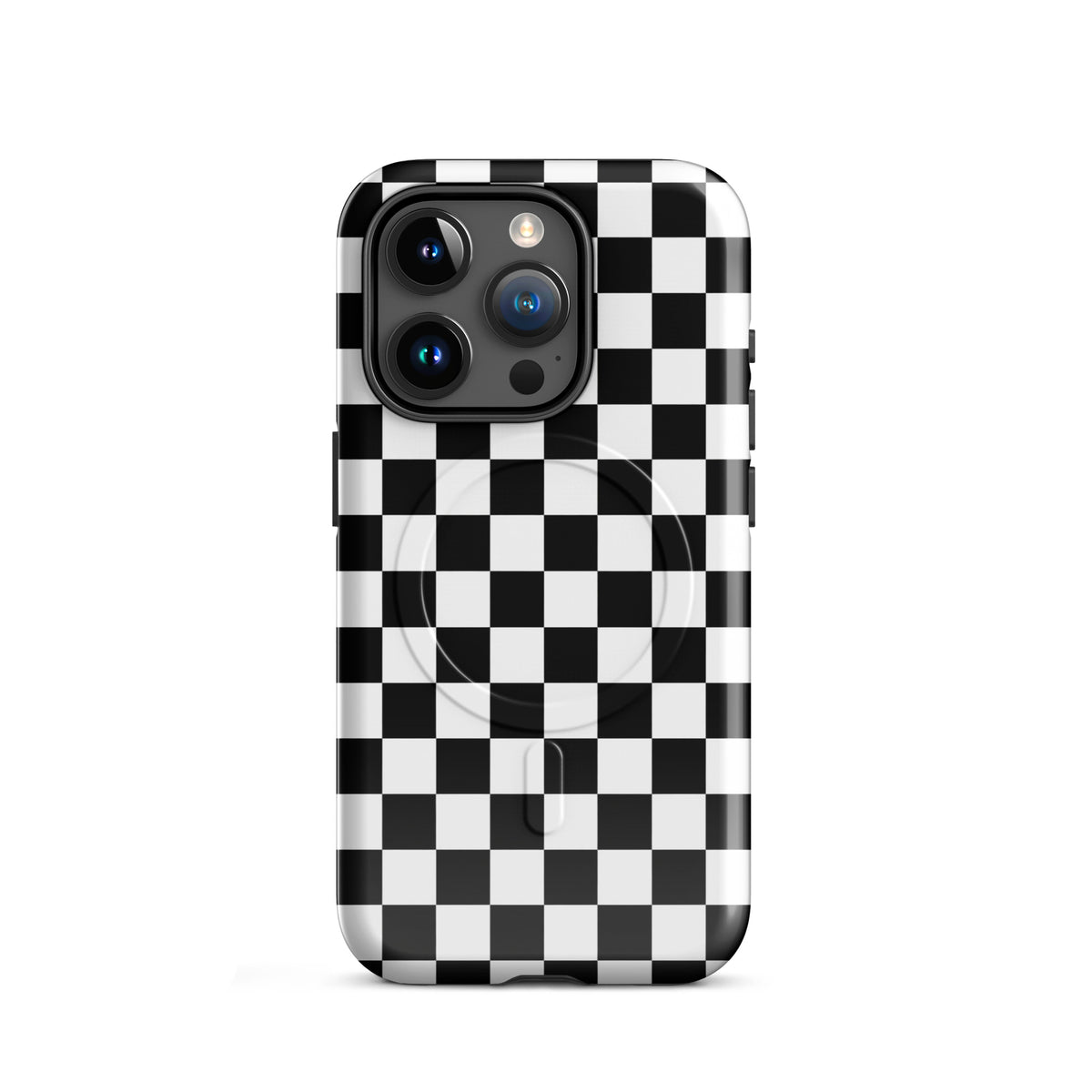 Magnetic Phone Case with bold black-and-white checkered design for iPhone, adds personality and racing vibe to your device.
