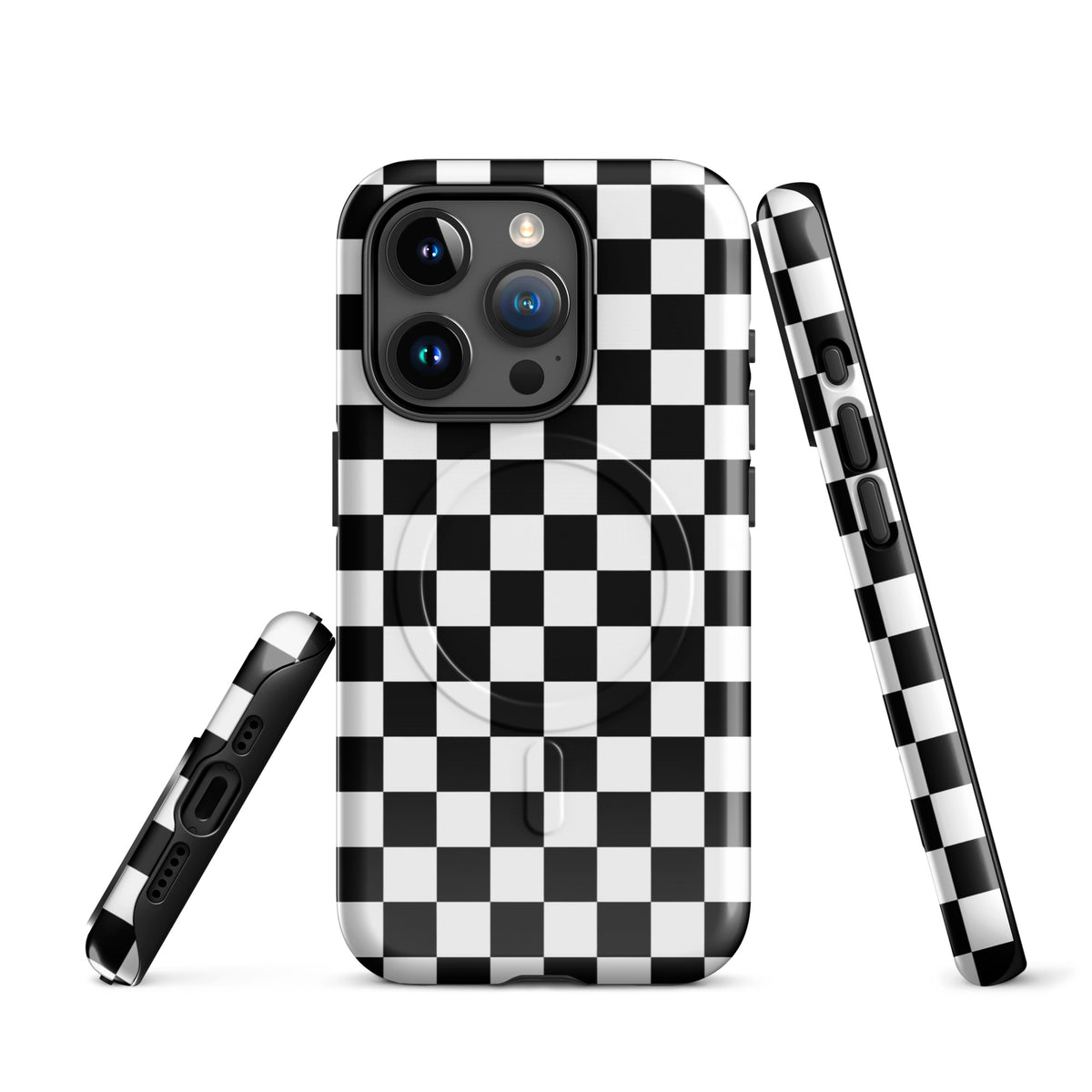 Magnetic Phone Case with bold checkered pattern for iPhone, offering protection and style with a playful racing vibe.