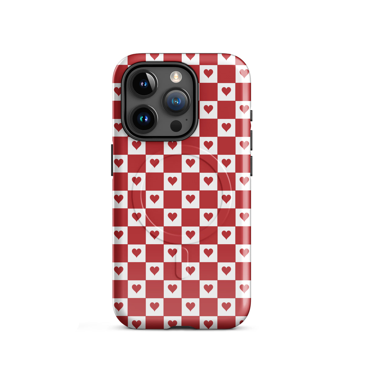 Magnetic Phone Case with red heart checkered design for iPhone, featuring charming red and white pattern with tiny hearts.