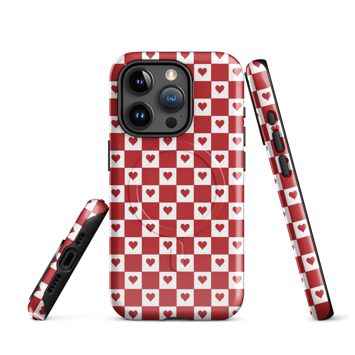 Magnetic Phone Case for iPhone with cute red heart checkered design, perfect for stylish protection and everyday use.