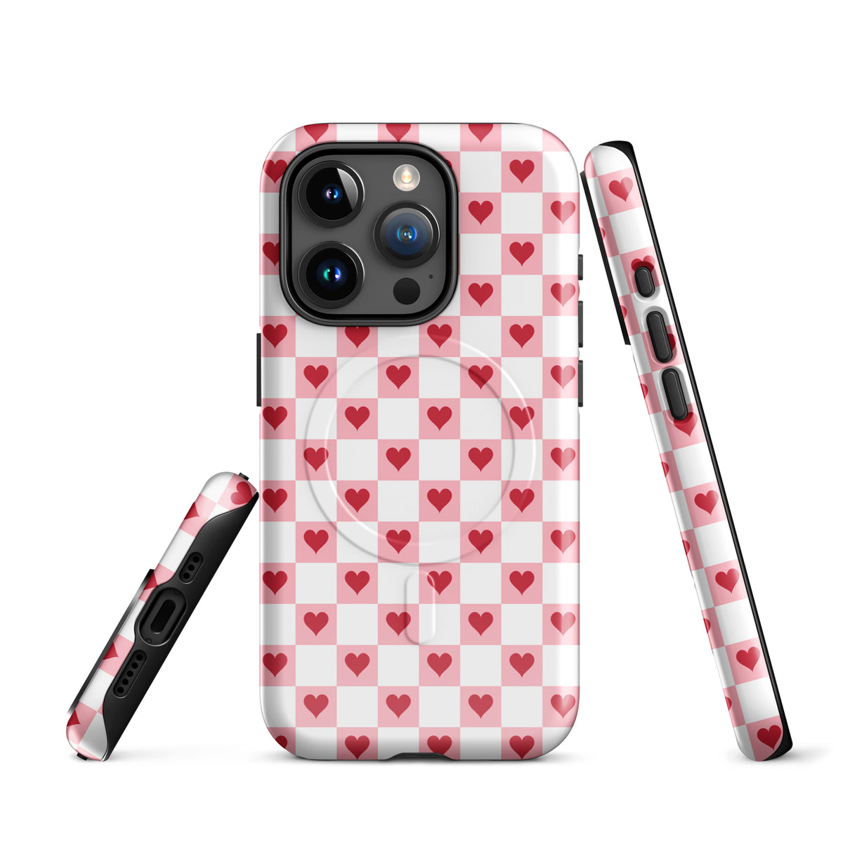 Magnetic Phone Case for iPhone with pink-and-white checkered design and red hearts pattern.