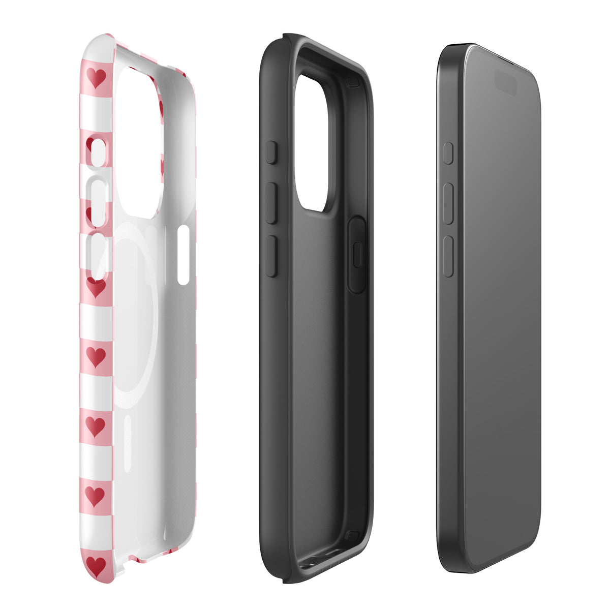 Magnetic Phone Case for iPhone in pink-and-white with red hearts design, showcasing the stylish and playful checkered pattern.