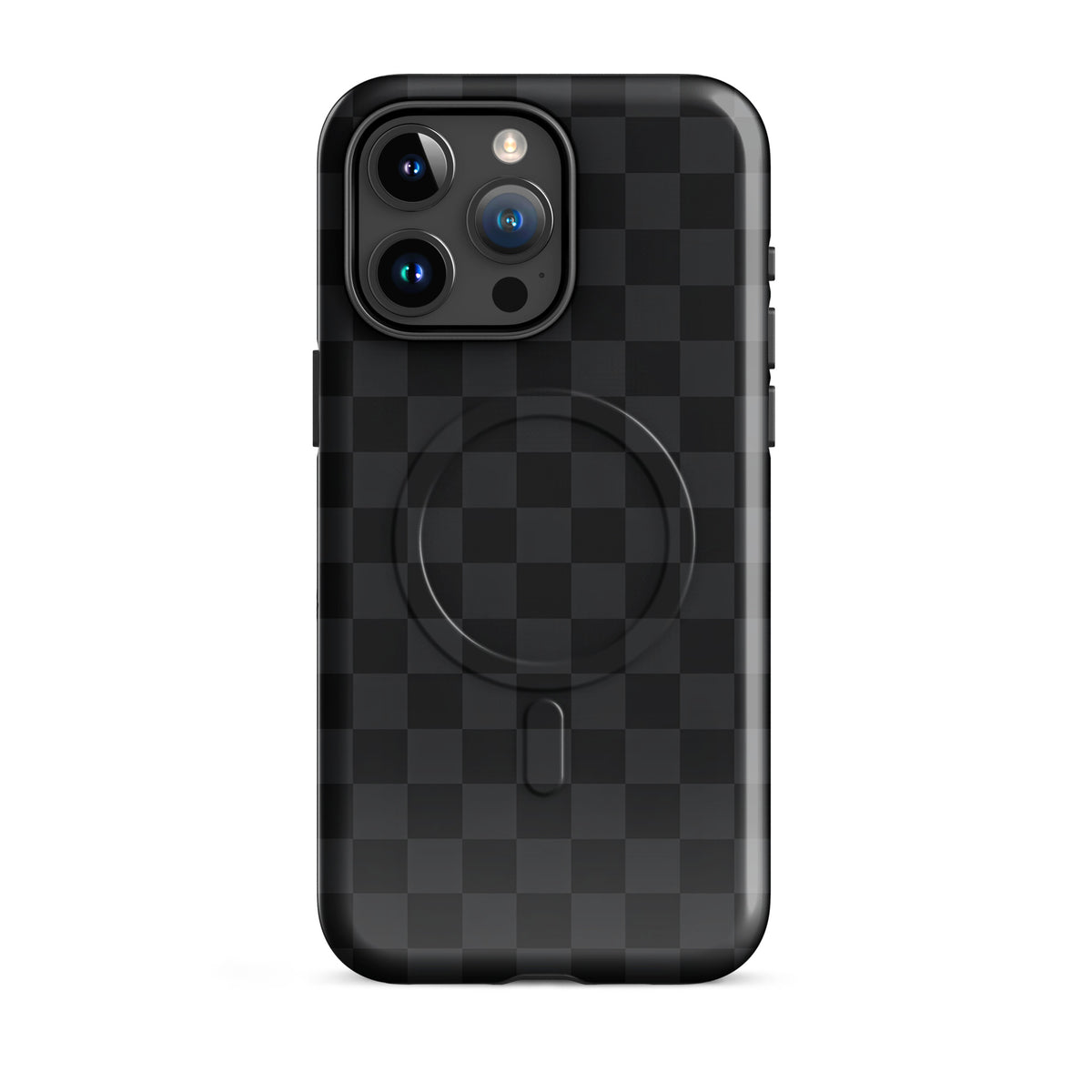 Magnetic Phone Case with black and charcoal checkered design for iPhone, showcases sleek, modern protection and sophistication.