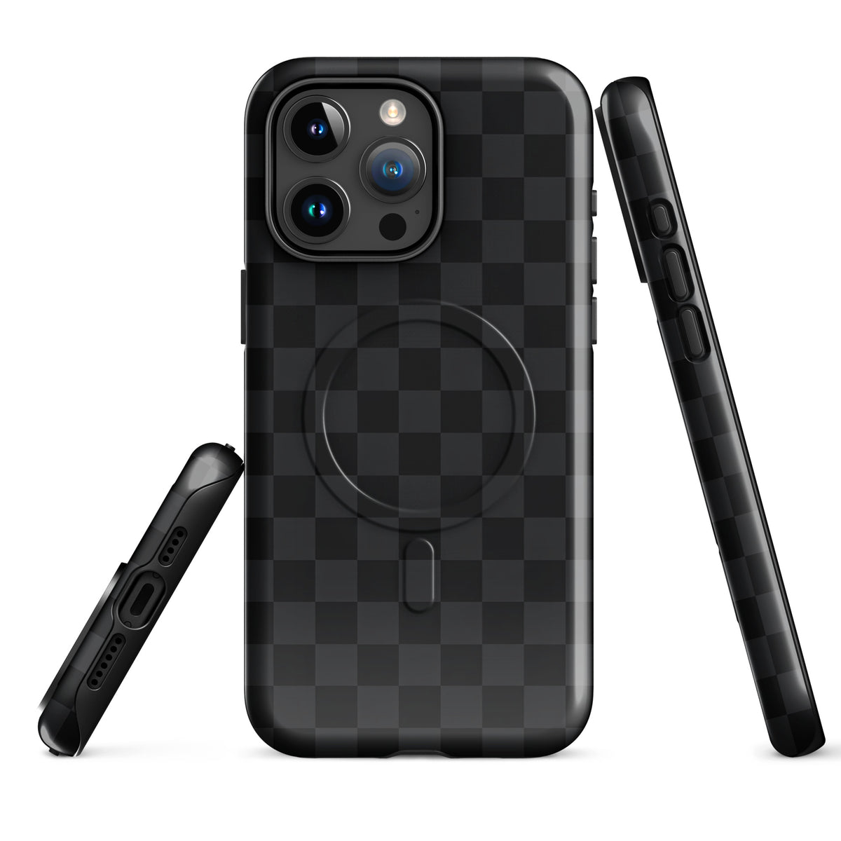 Magnetic Phone Case with black and charcoal checkered design for iPhone, protecting your device with style and sophistication.
