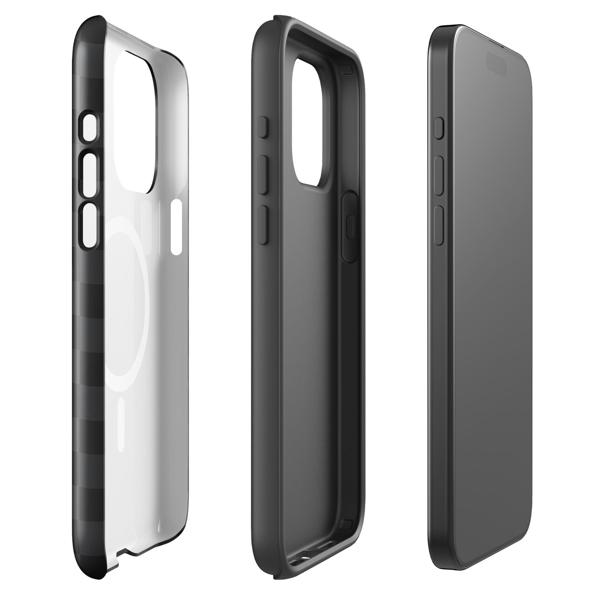 Magnetic Phone Case for iPhone in black and charcoal checkered design, shown from multiple angles.