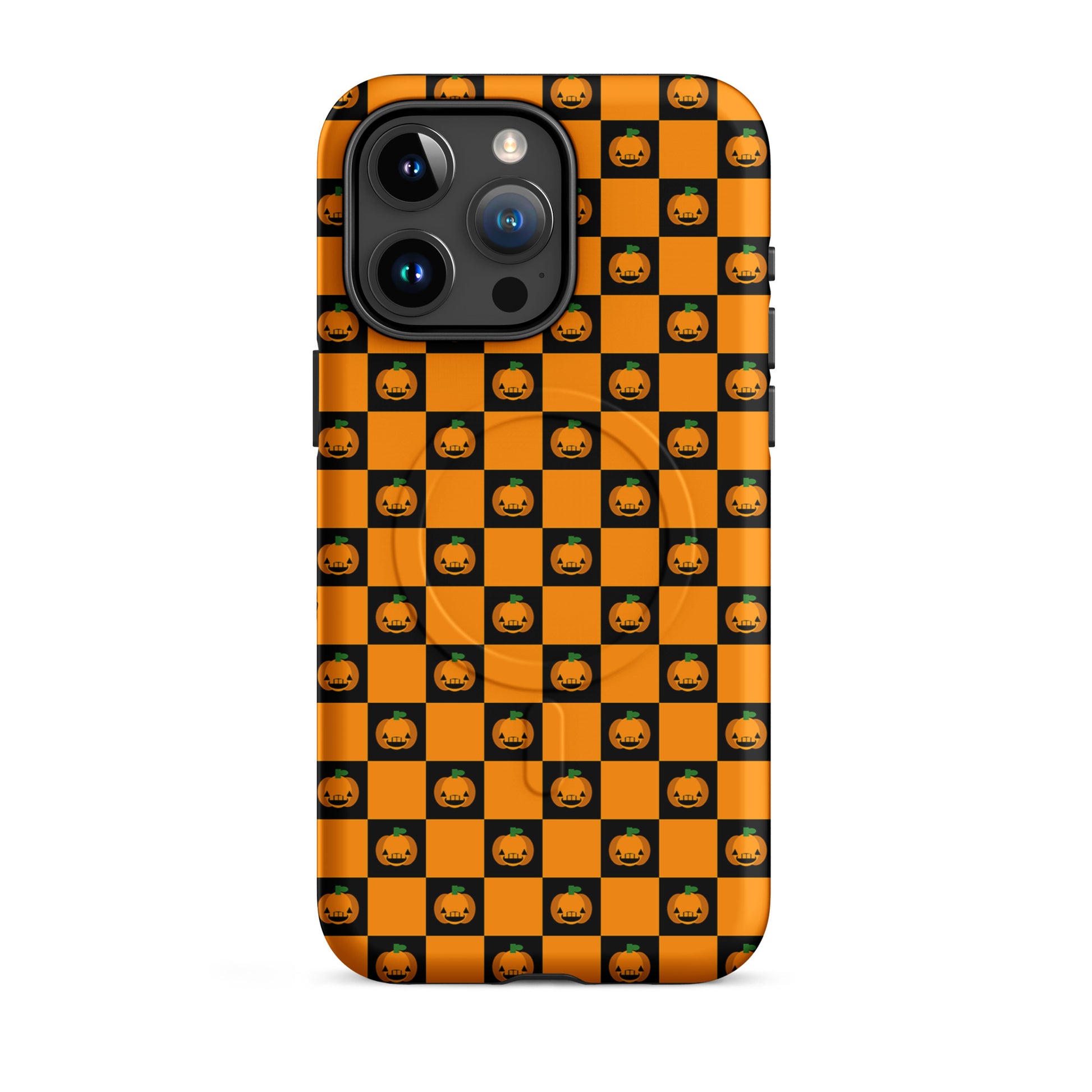 Magnetic Phone Case with pumpkin checkered Halloween design for iPhone, featuring orange and black squares with jack-o'-lanterns.