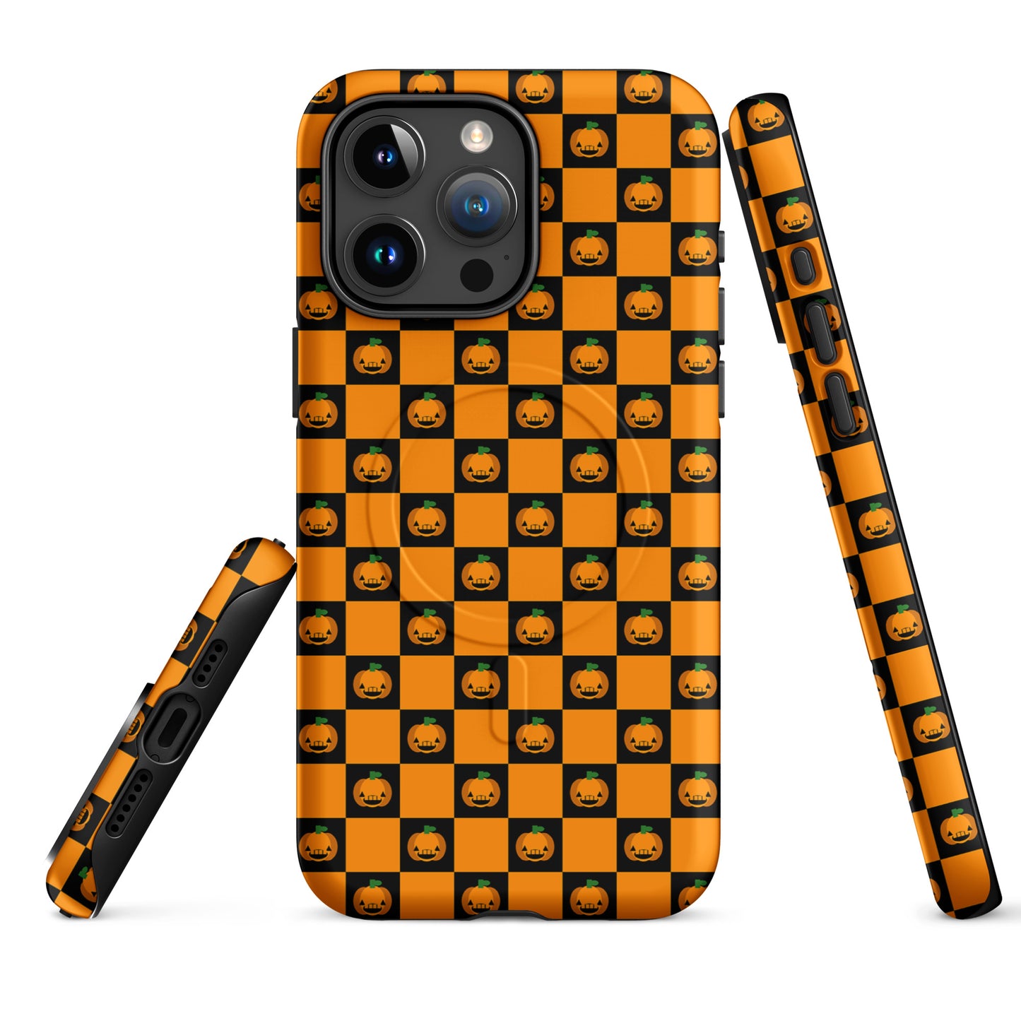 Magnetic Phone Case with pumpkin checkered Halloween design for iPhone featuring orange and black jack-o’-lantern pattern.
