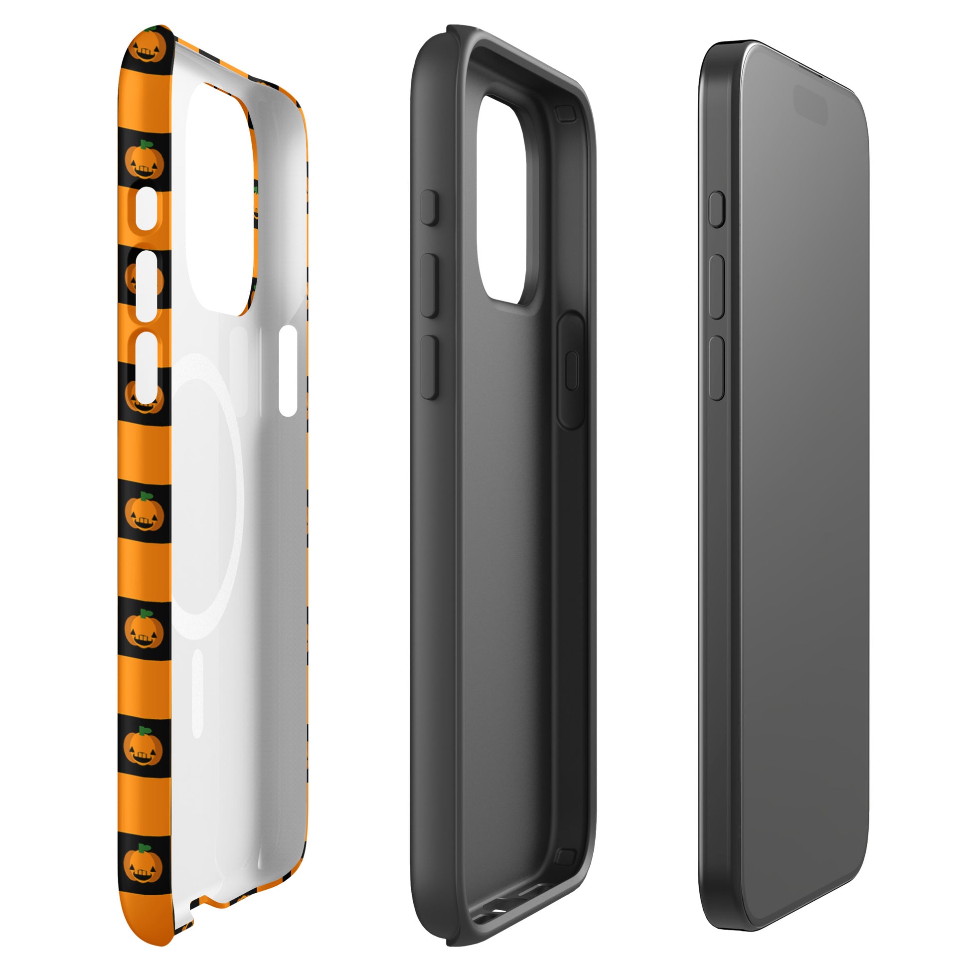 Magnetic Phone Case with pumpkin checkered Halloween design for iPhone, featuring orange and black pattern with jack-o’-lanterns.