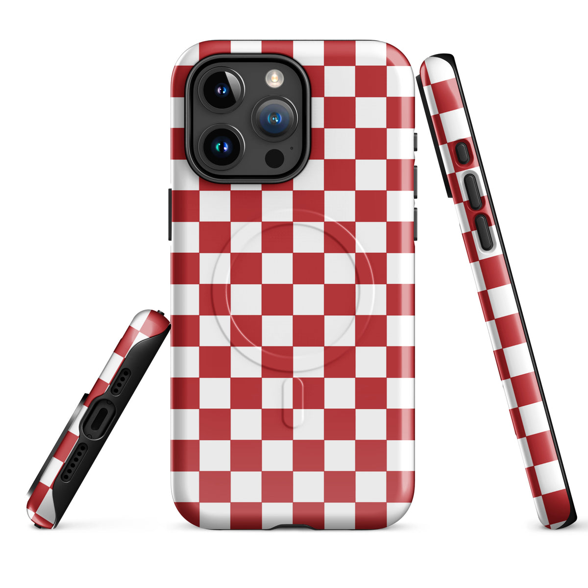 Magnetic Phone Case in crimson red checkered design for iPhone, showcasing a stylish and playful pattern.