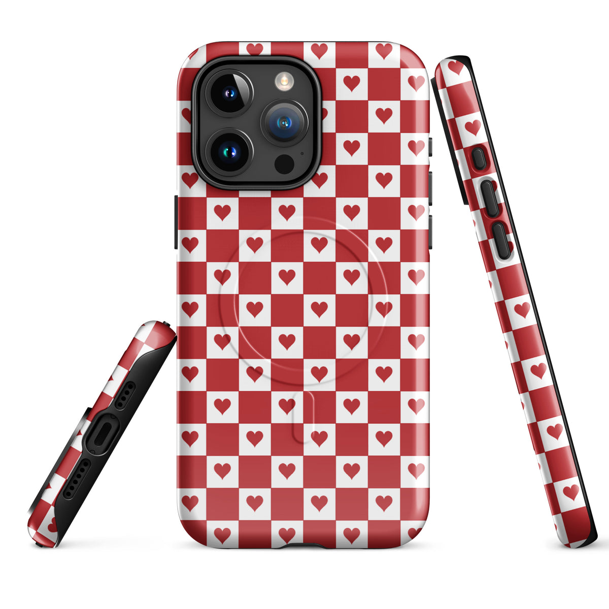 Magnetic Phone Case for iPhone with cute red heart checkered design, featuring a playful nostalgic pattern enhancing phone style.