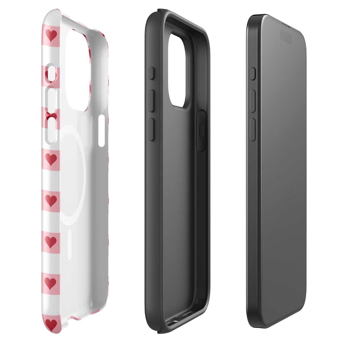Magnetic Phone Case for iPhone with pink-and-white checkered design and red hearts.