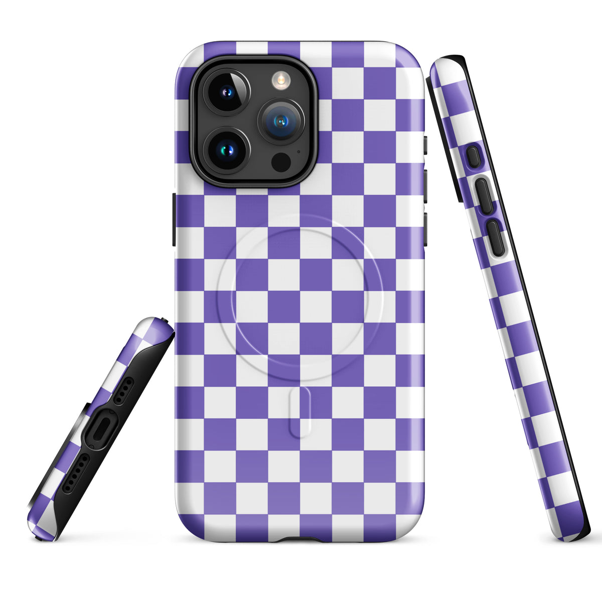 Magnetic Phone Case for iPhone with purple and white checkered pattern for stylish protection.