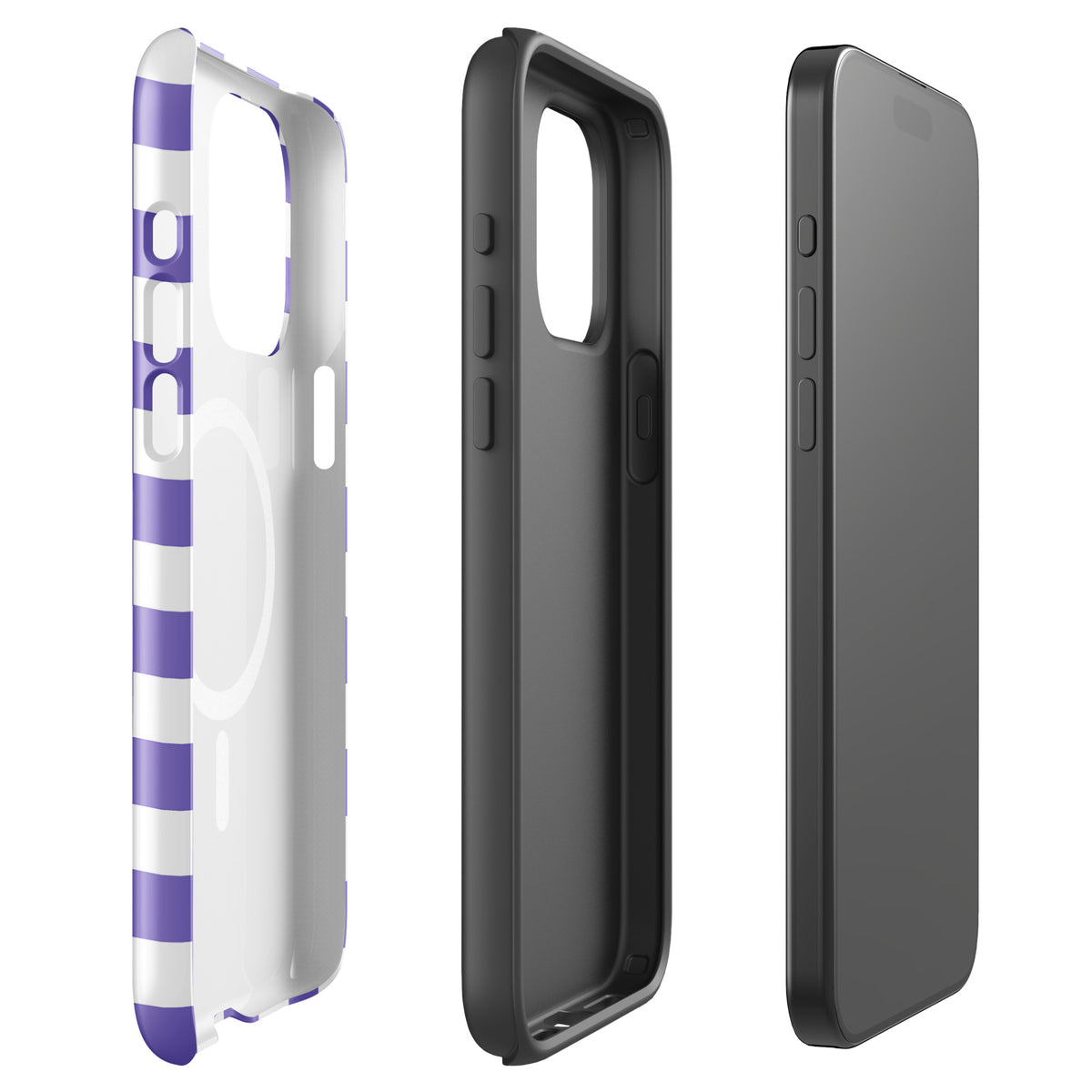 Purple and white checkered Magnetic Phone Case for iPhone with bold pattern, combining style and protection, side and back views.