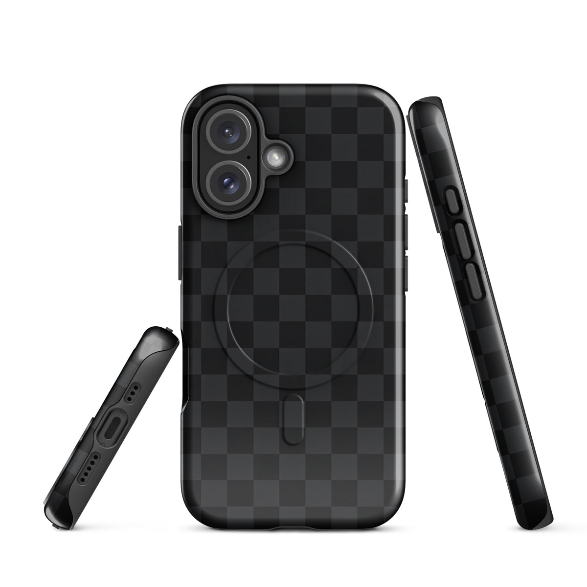 Magnetic Phone Case for iPhone with black and charcoal checkered design, offering sleek modern protection.