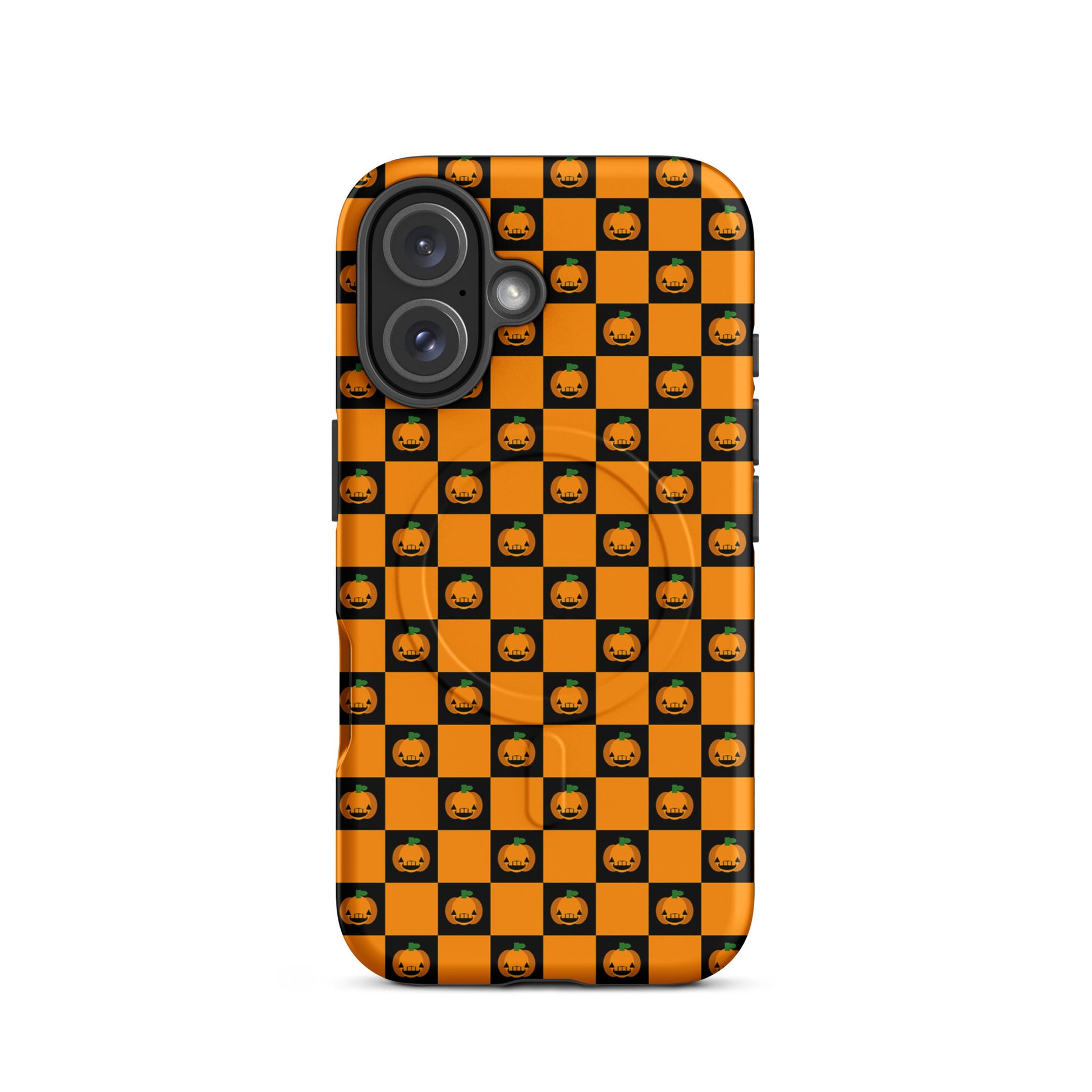 Magnetic Phone Case with Halloween pumpkin checkered design for iPhone, featuring orange and black squares with jack-o'-lanterns.