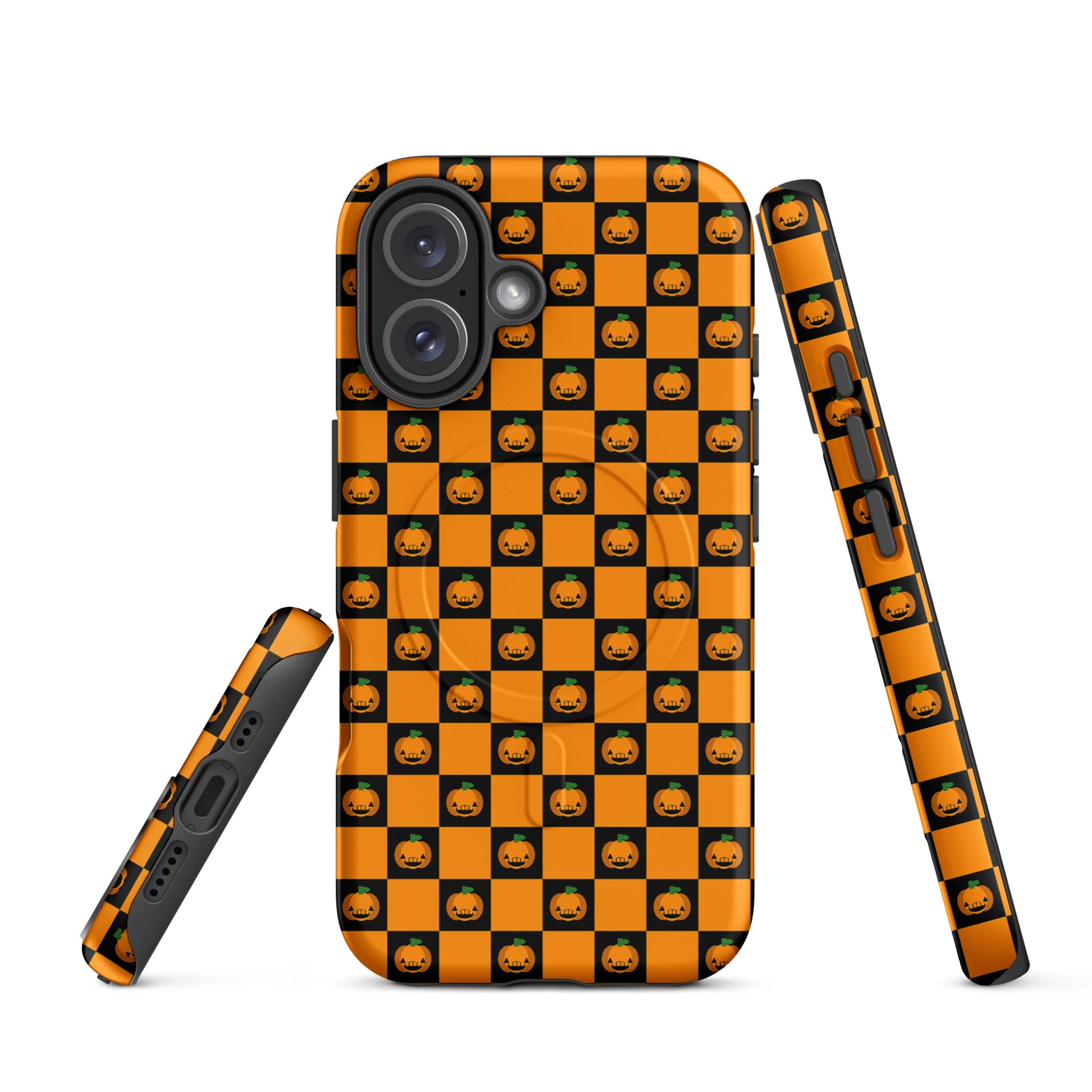 Magnetic Phone Case with pumpkin checkered Halloween design for iPhone, featuring orange and black squares with jack-o’-lanterns.