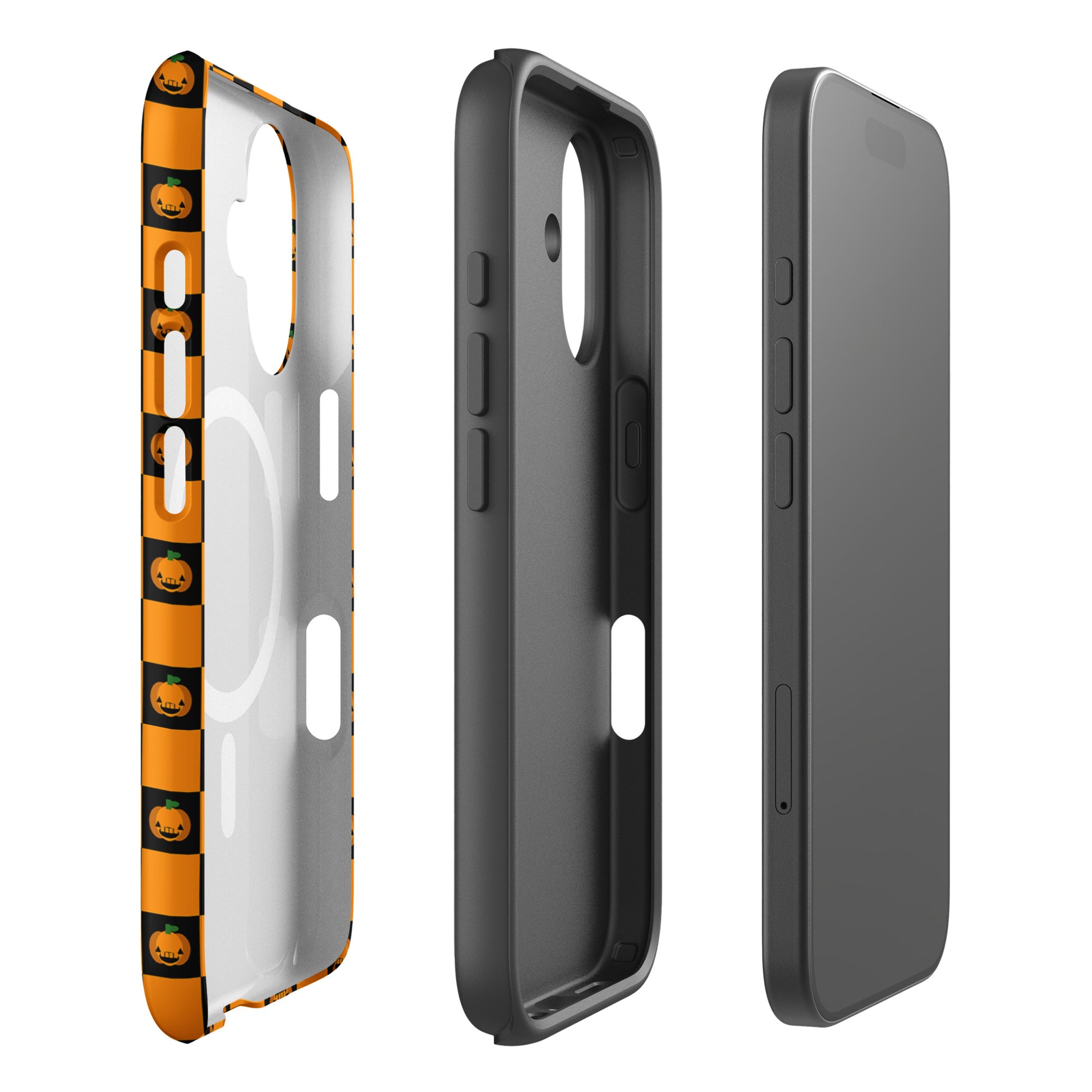 Magnetic Phone Case for iPhone with pumpkin checkered Halloween design, featuring orange and black squares with jack-o'-lanterns.