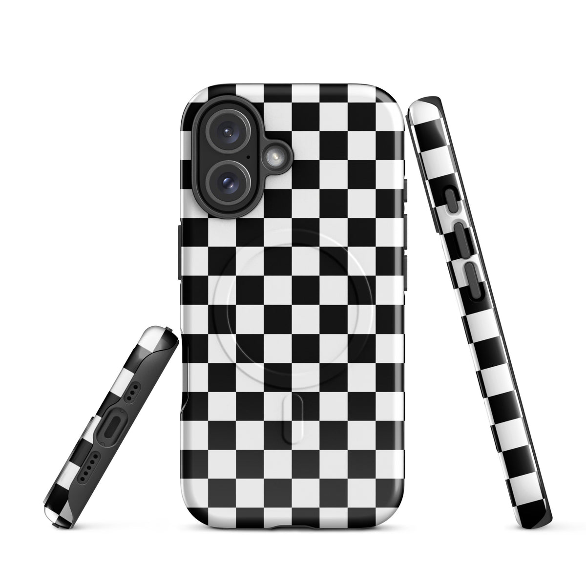 Magnetic Phone Case with bold black-and-white checkered pattern for iPhone, offering style and protection.